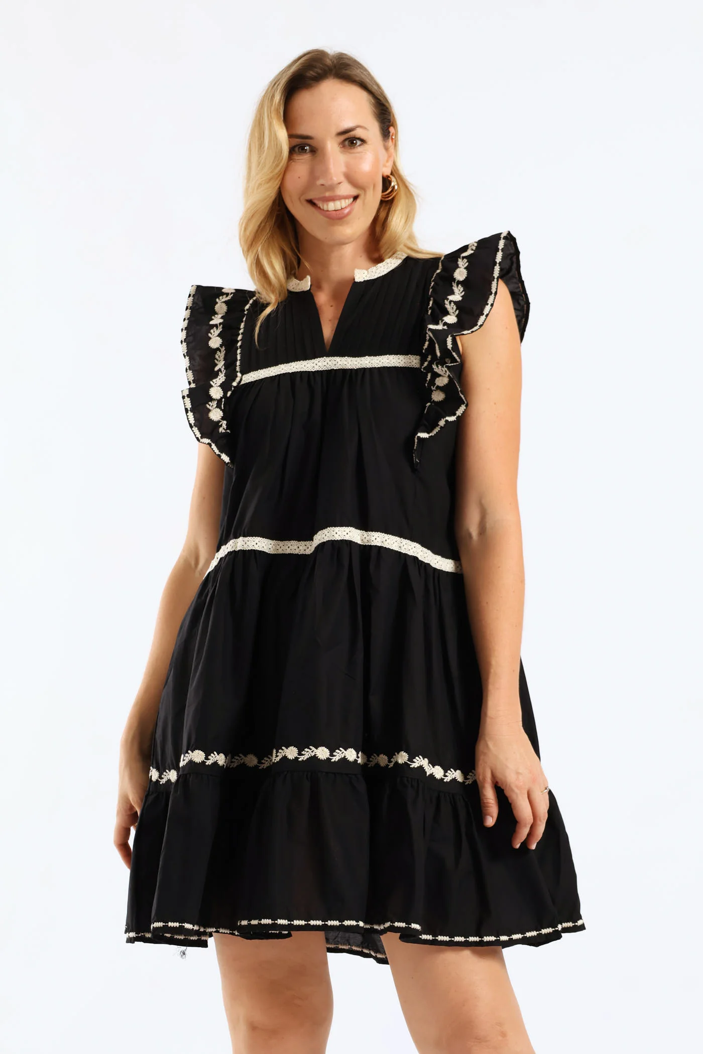 Contrast Trim & Embroidery Notch Neck Peasant Mini Dress - Black - Image 2