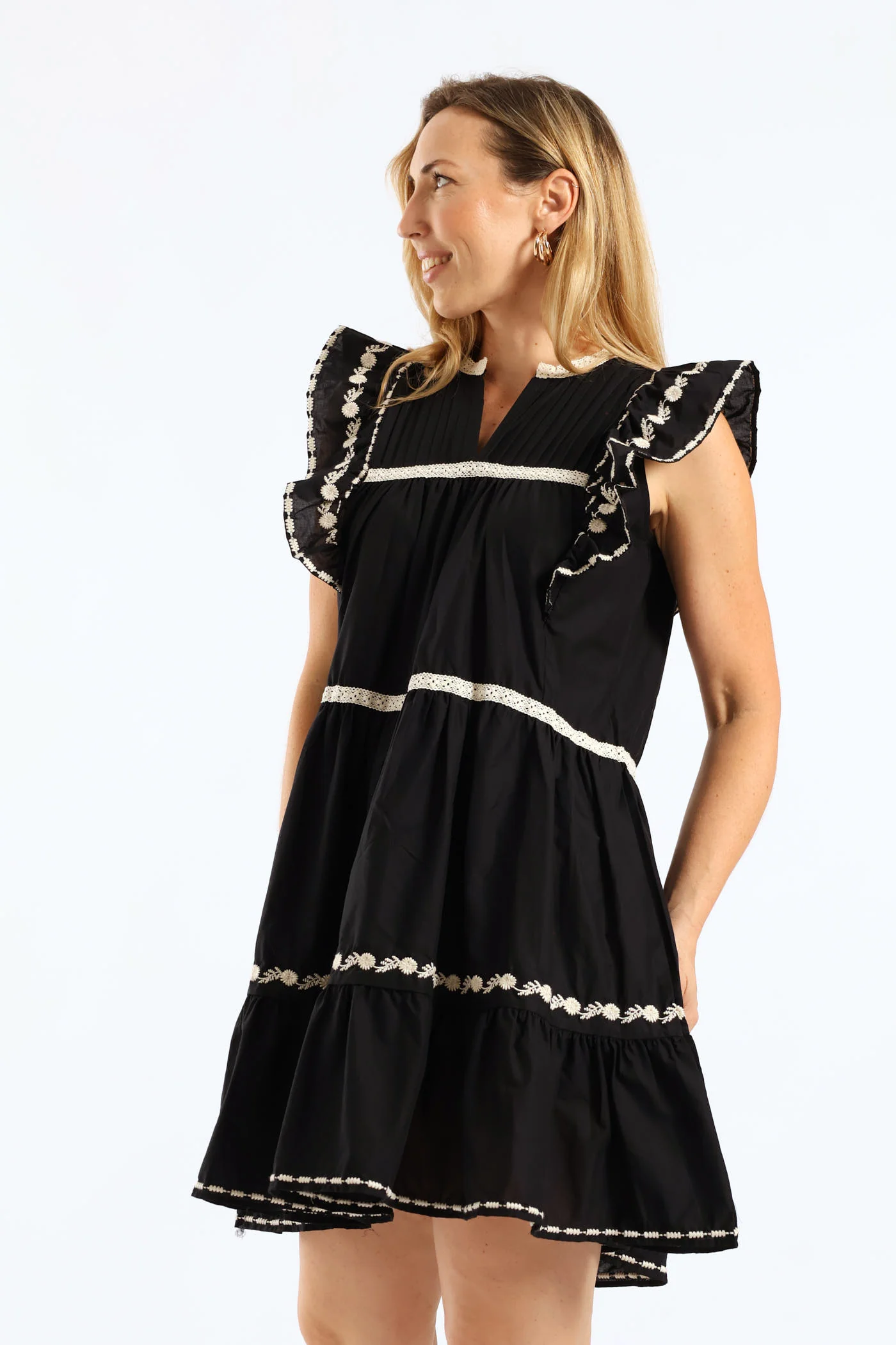 Contrast Trim & Embroidery Notch Neck Peasant Mini Dress - Black - Image 5