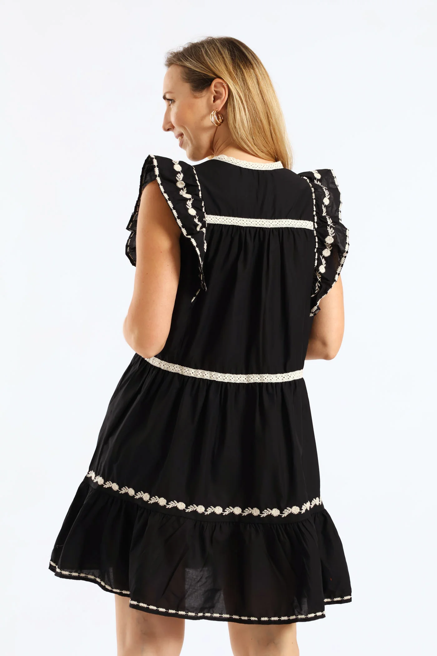 Contrast Trim & Embroidery Notch Neck Peasant Mini Dress - Black - Image 6