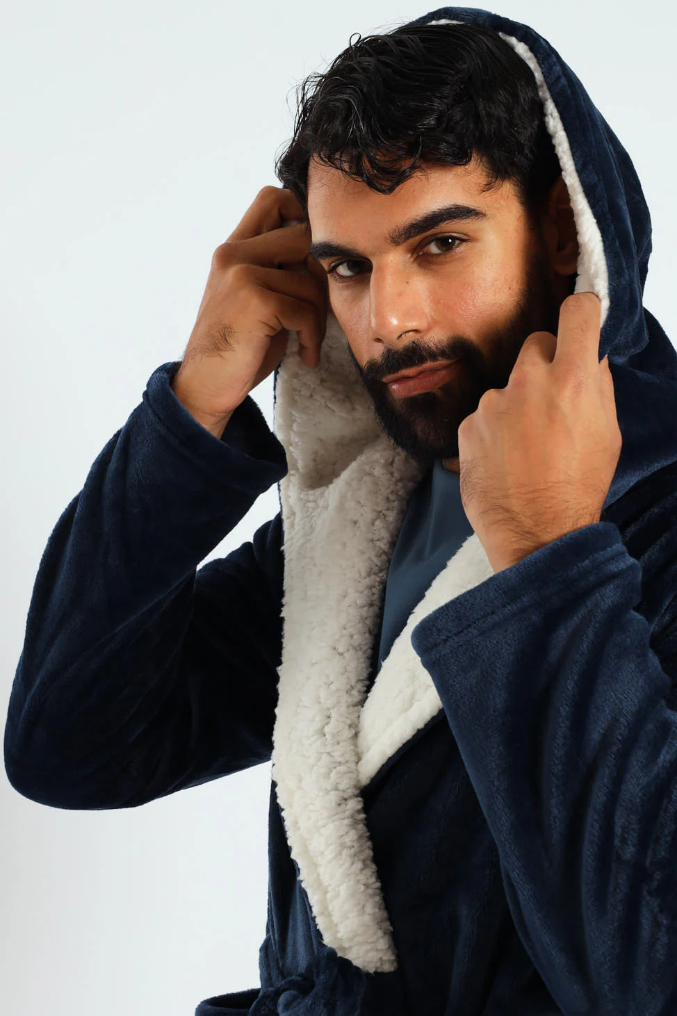 Coral Fleece & Sherpa Hooded Gown - Navy - Image 2