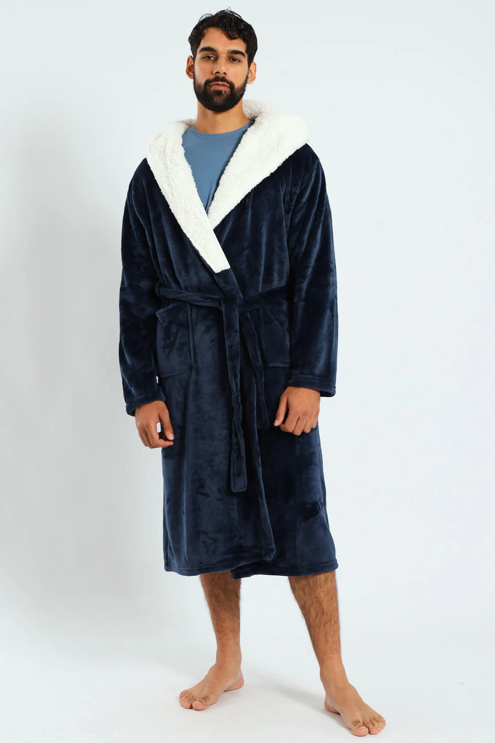 Coral Fleece & Sherpa Hooded Gown - Navy - Image 5