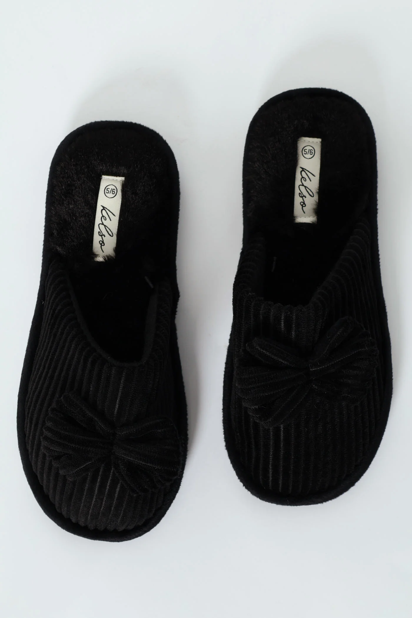 Corduroy Closed Toe Slipper With Bow Detail - Black - Image 2