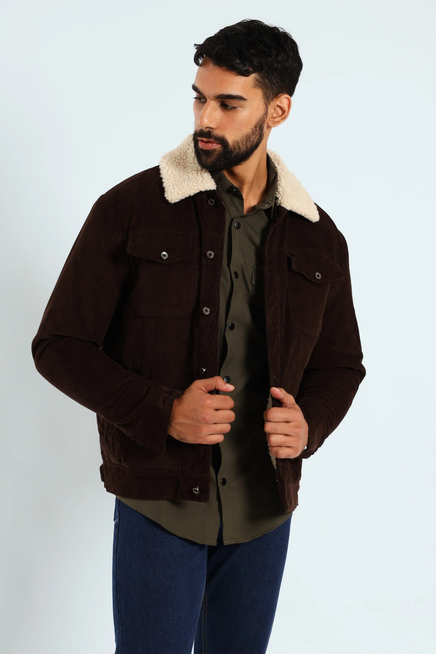 Corduroy Sherpa Trucker Jacket - Chocolate - Image 2