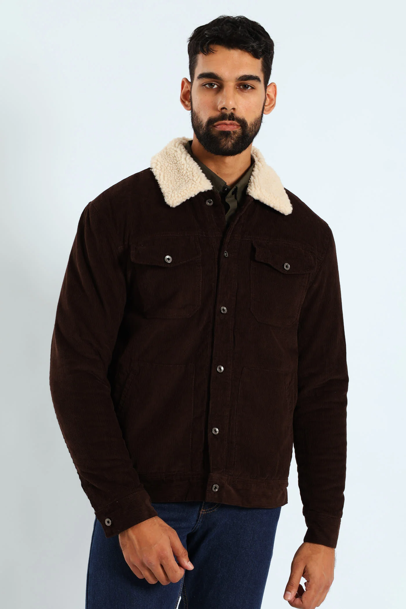 Corduroy Sherpa Trucker Jacket - Chocolate - Image 3