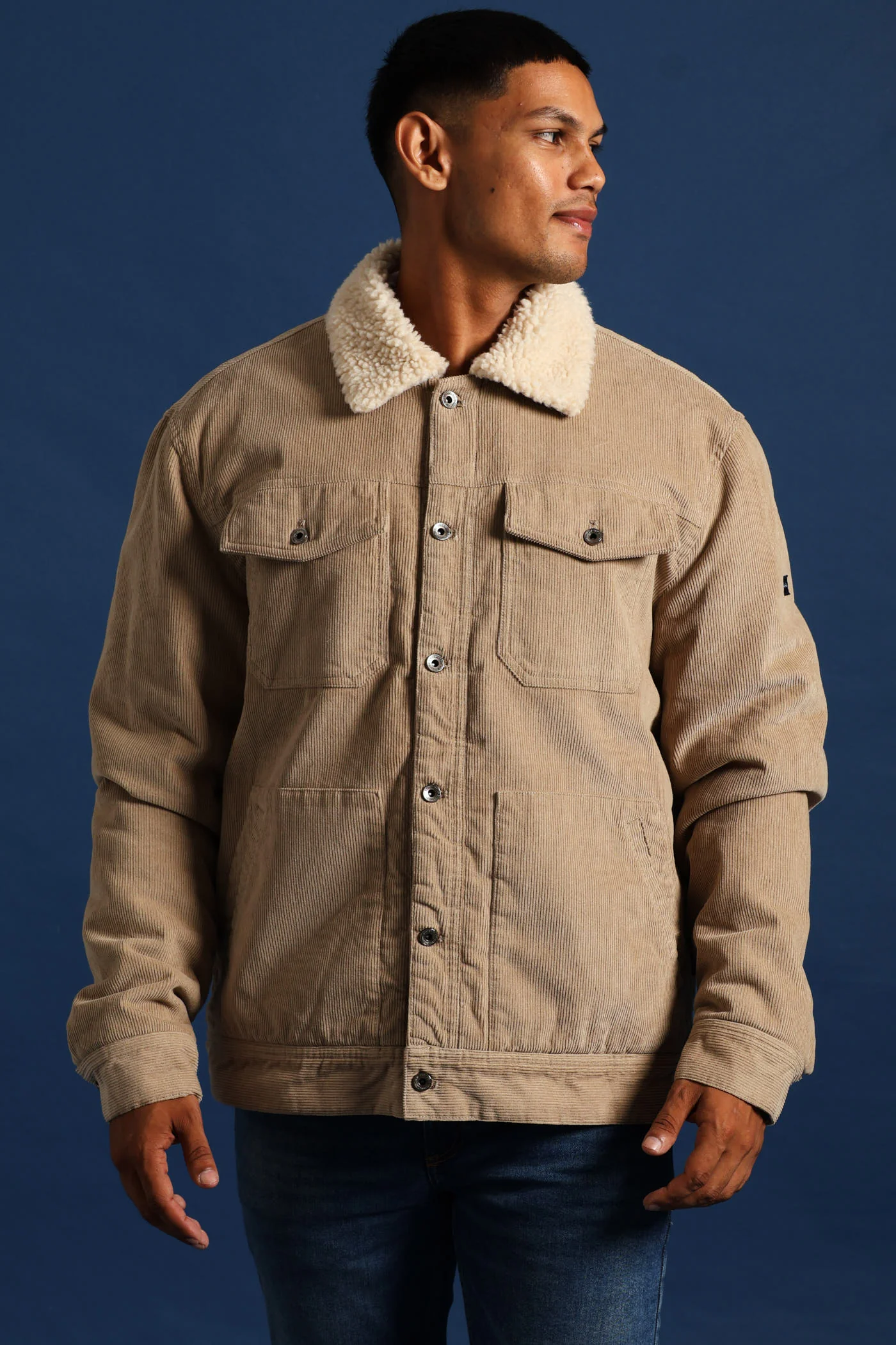 Corduroy Sherpa Trucker Jacket - Taupe - Image 3