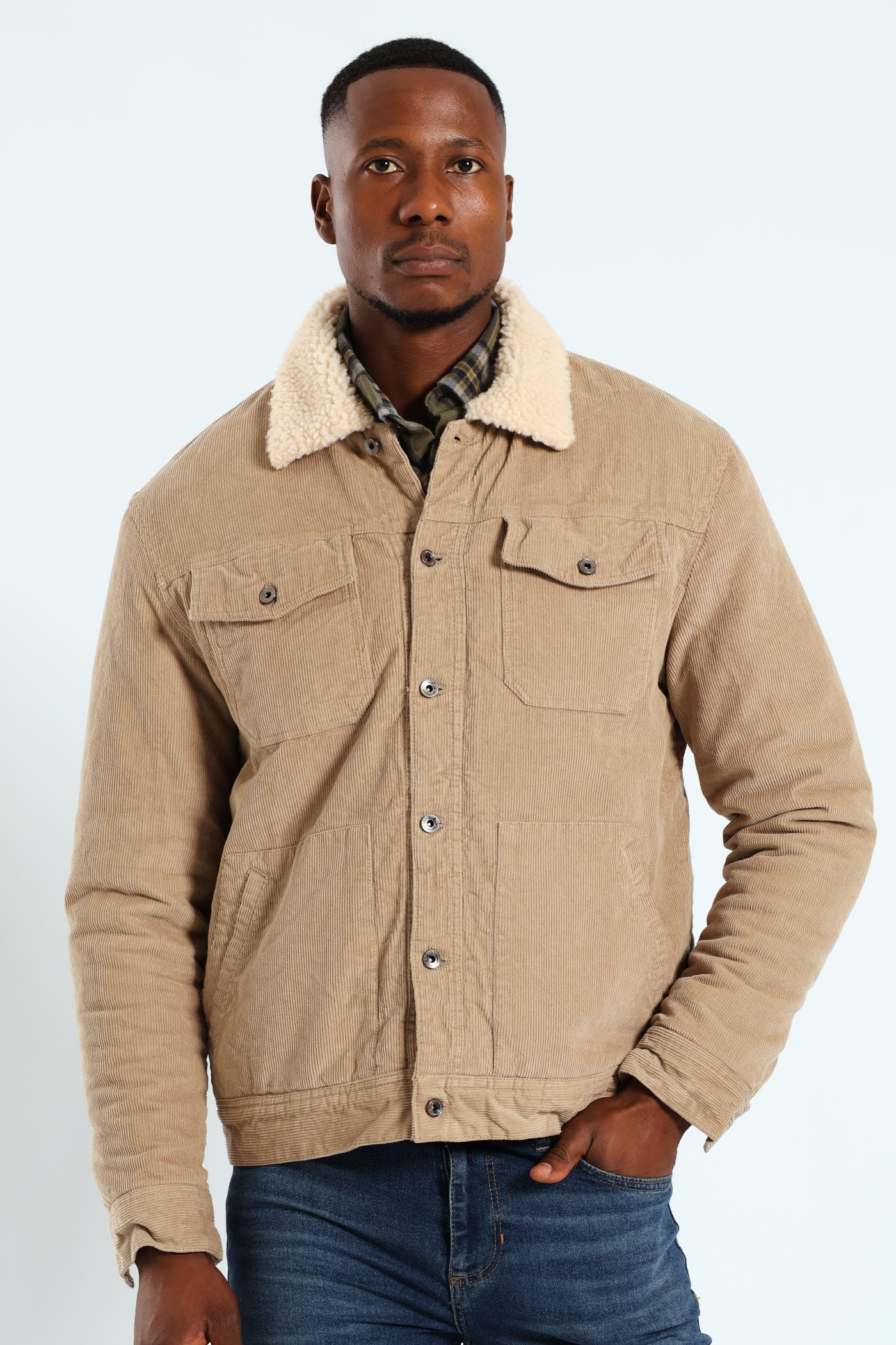 Corduroy Sherpa Trucker Jacket - Taupe - Image 8