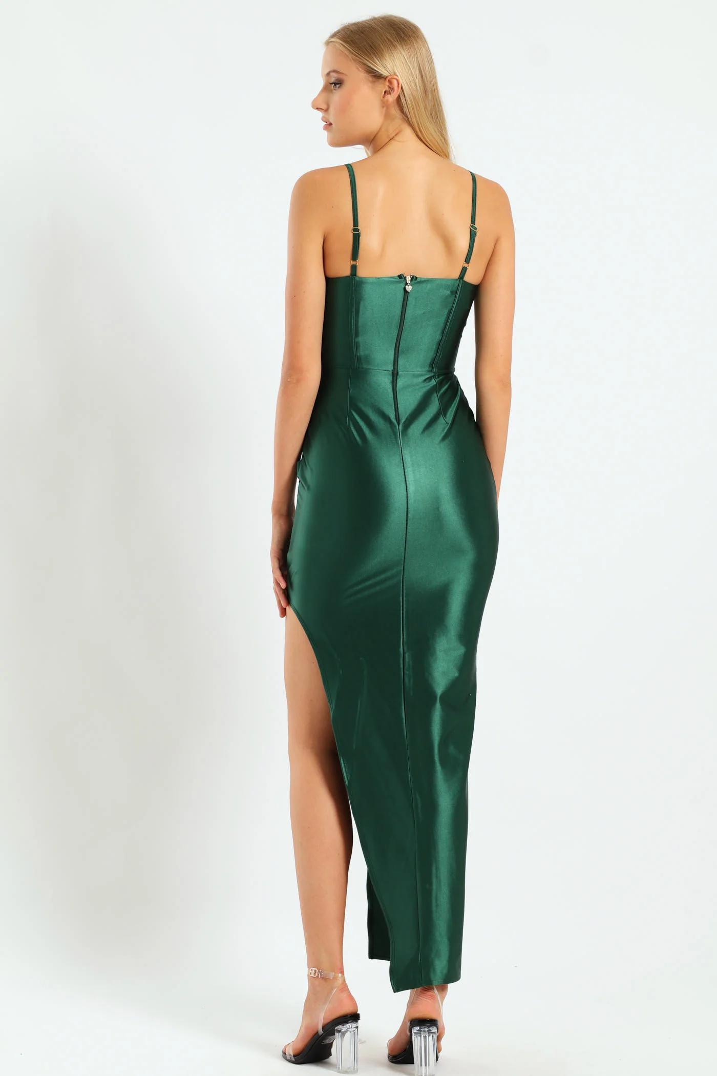 Corset Bodice & Pleated Asymmetrical Maxi Dress - Bottle Green - Image 2