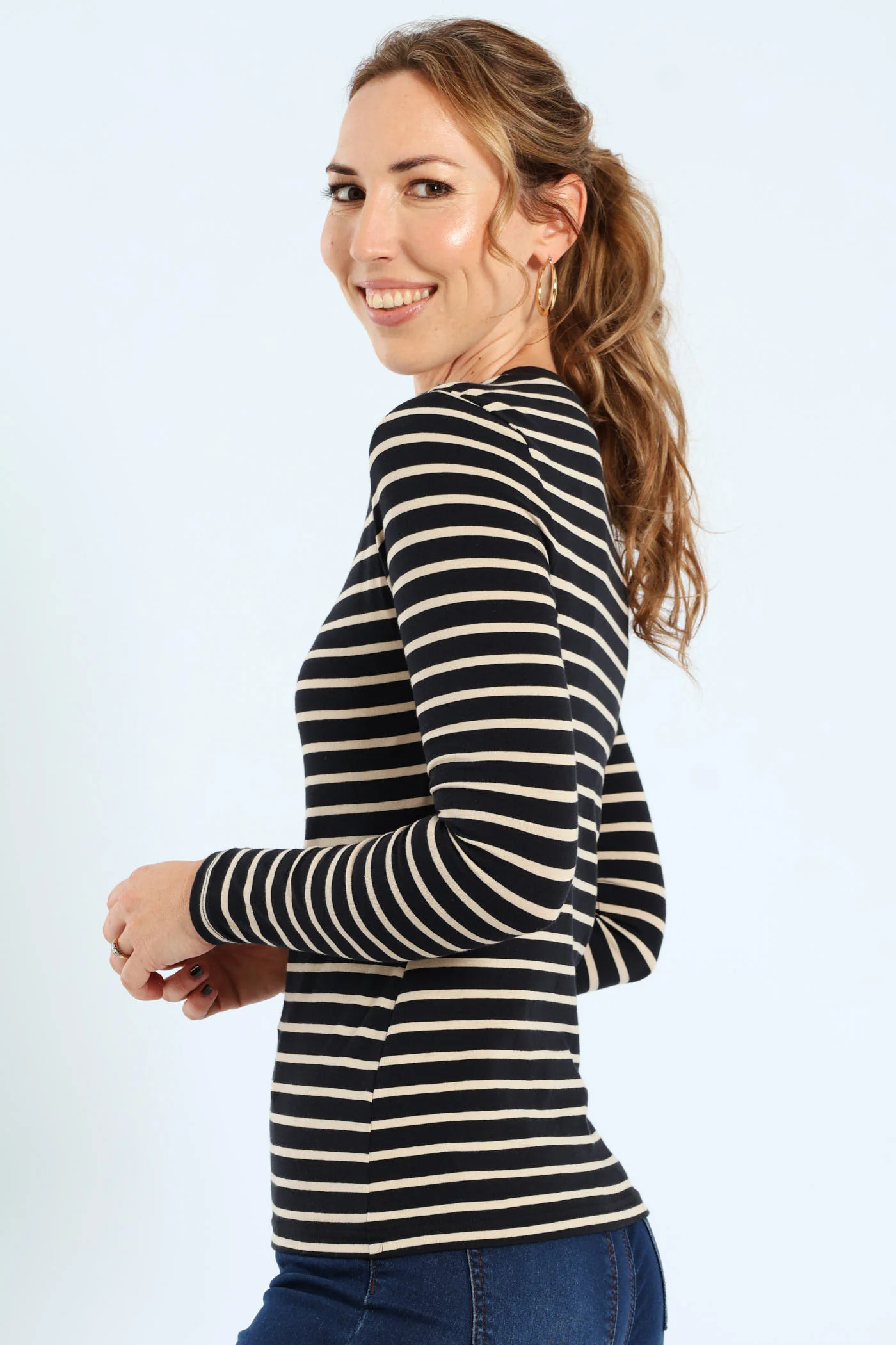 Cotton Lycra Striped Crew Top - Black/Tan - Image 2