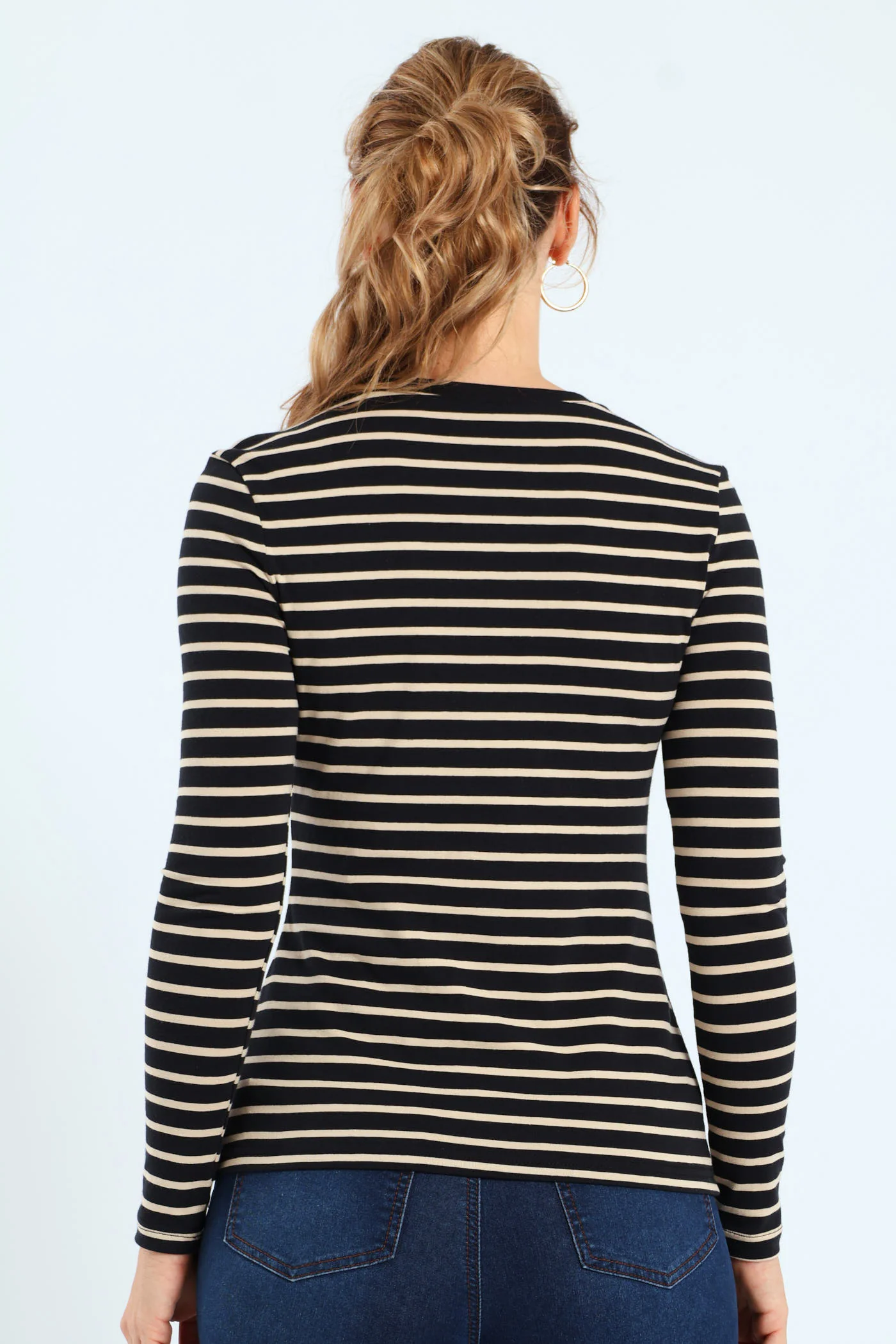 Cotton Lycra Striped Crew Top - Black/Tan - Image 3
