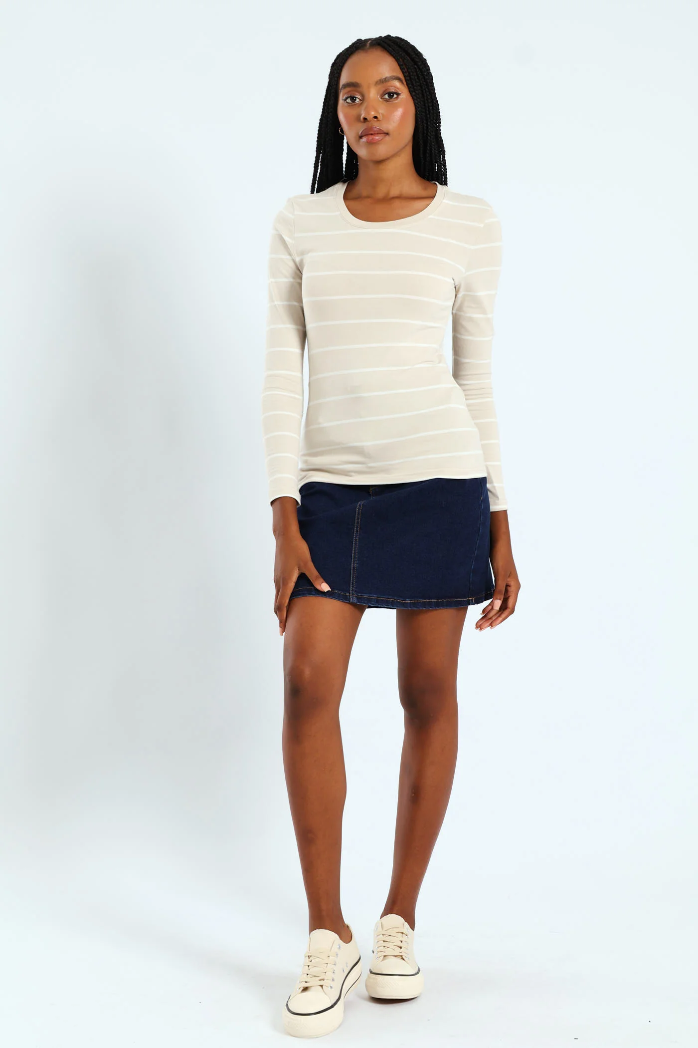 Cotton Lycra Striped Crew Top - White/Sandstone - Image 2