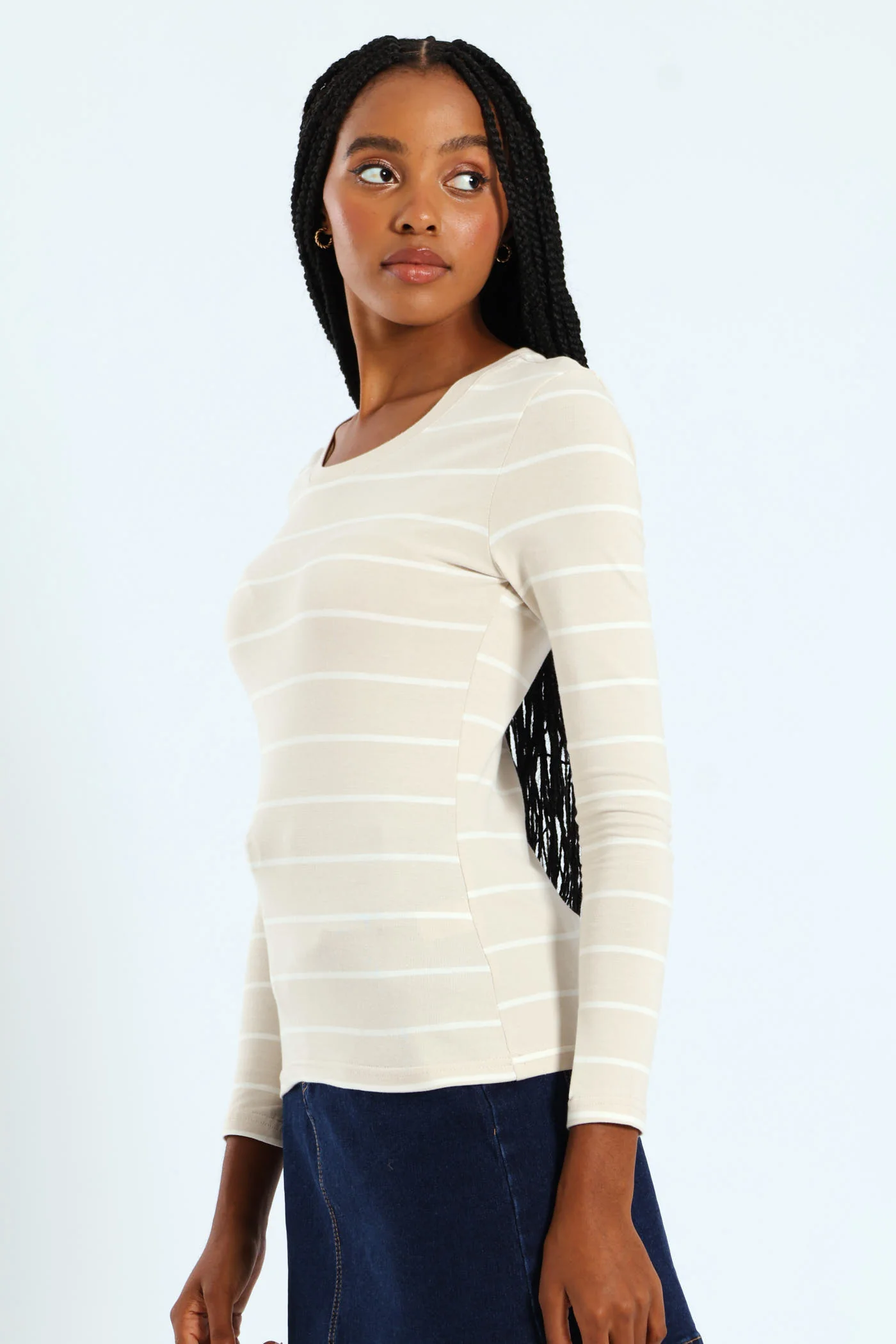 Cotton Lycra Striped Crew Top - White/Sandstone - Image 3