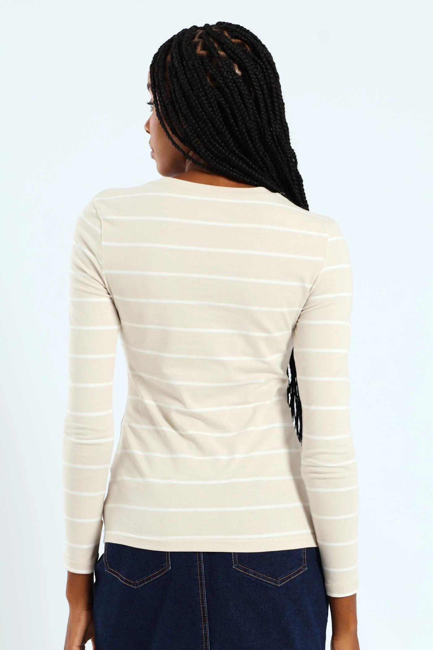 Cotton Lycra Striped Crew Top - White/Sandstone - Image 4
