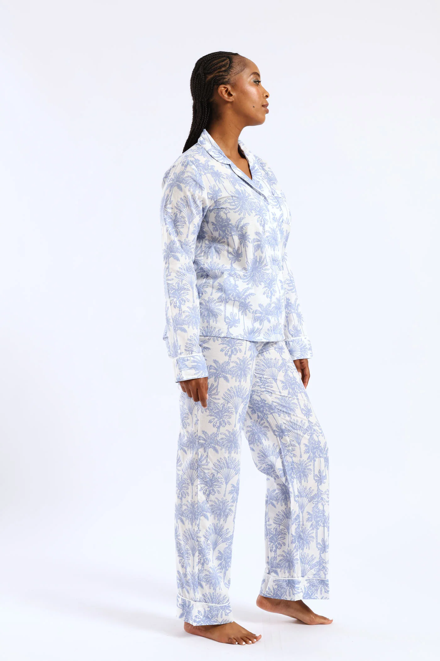 Cotton Palms Button Through & Pant Set - White/Blue - Image 3