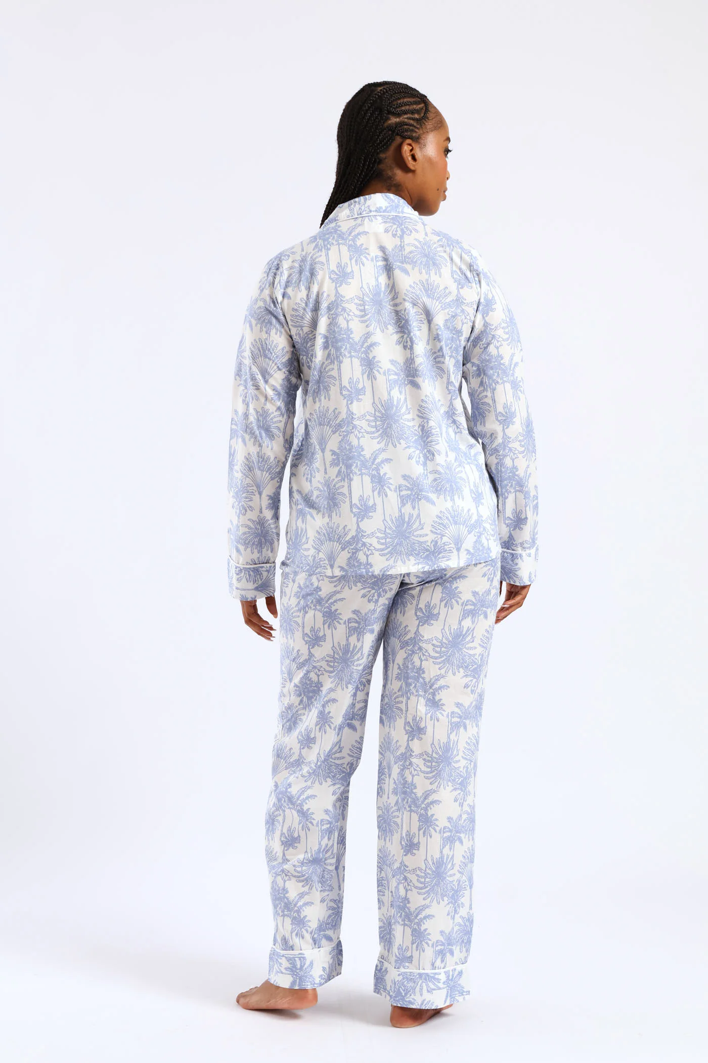 Cotton Palms Button Through & Pant Set - White/Blue - Image 4