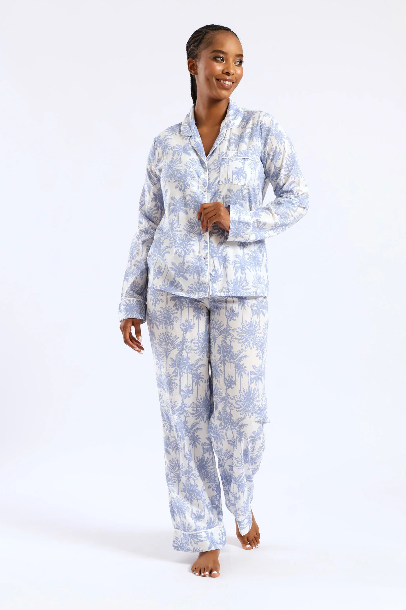 Cotton Palms Button Through & Pant Set - White/Blue - Image 5