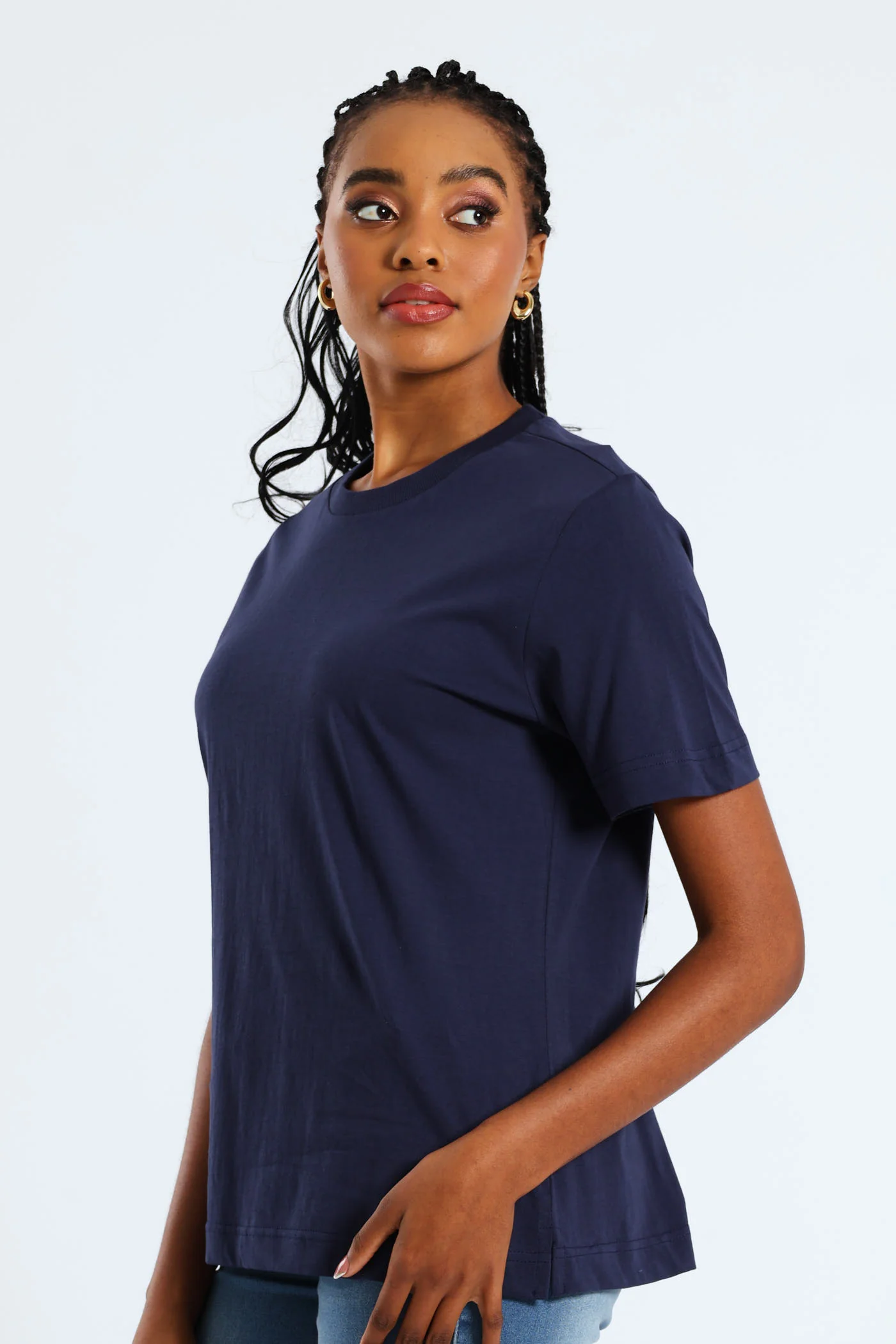 Cotton Rib Neck Boxy Tee - French Navy - Image 3