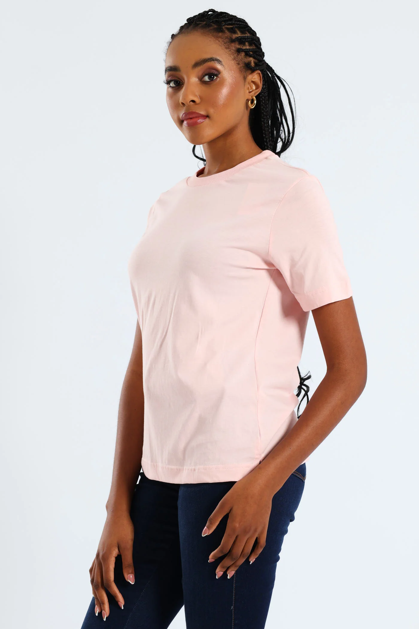 Cotton Rib Neck Boxy Tee - Light Pink - Image 3