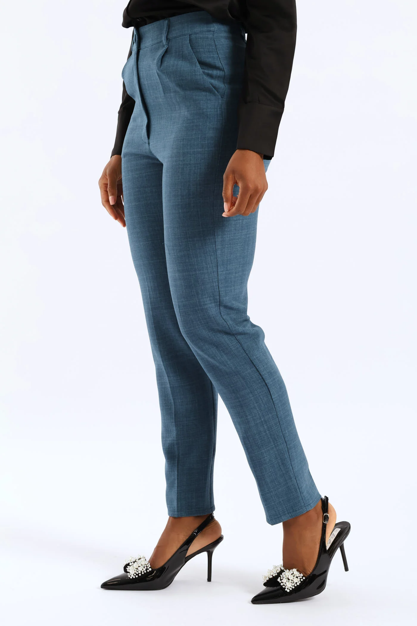 Covered Button Linen Blend Tapered Leg Pant - Teal - Image 4