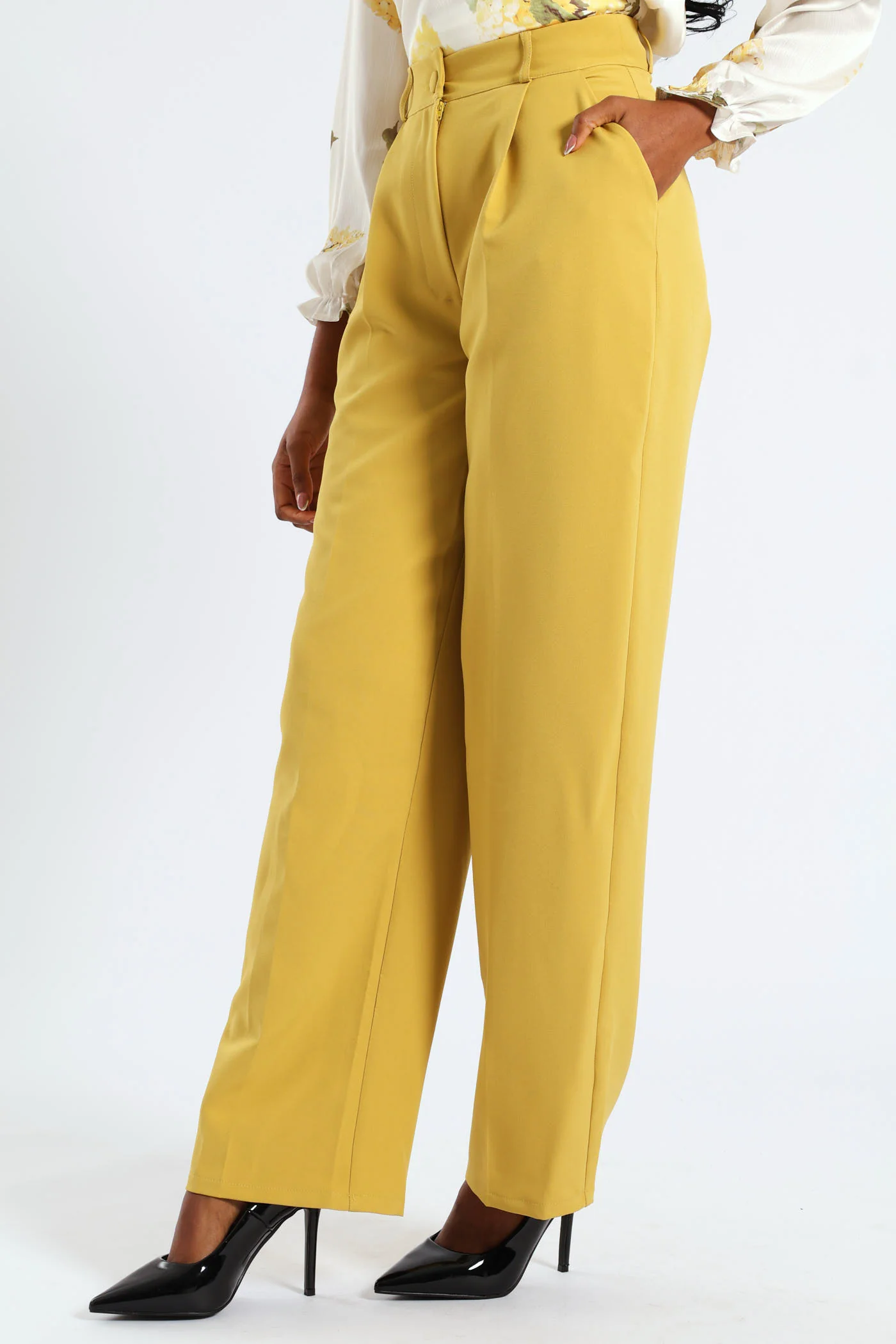 Covered Button Wide Leg Pants - Mustard - Image 10