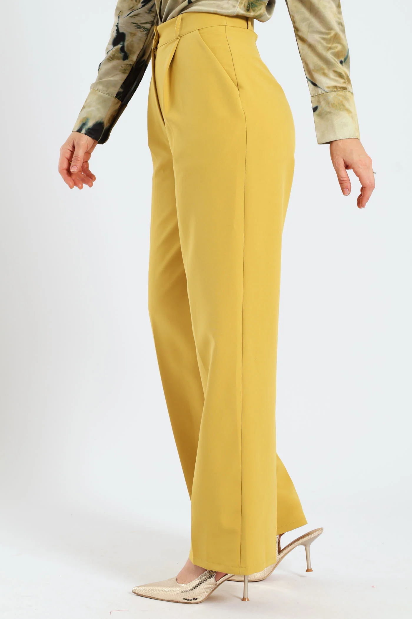 Covered Button Wide Leg Pants - Mustard - Image 5