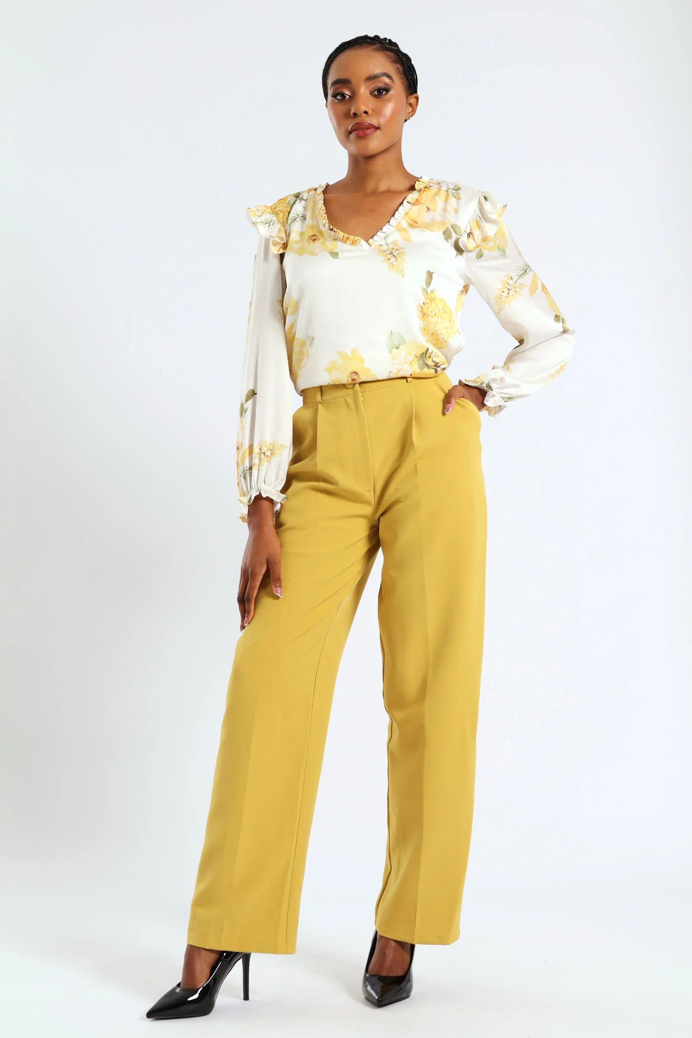 Covered Button Wide Leg Pants - Mustard - Image 7
