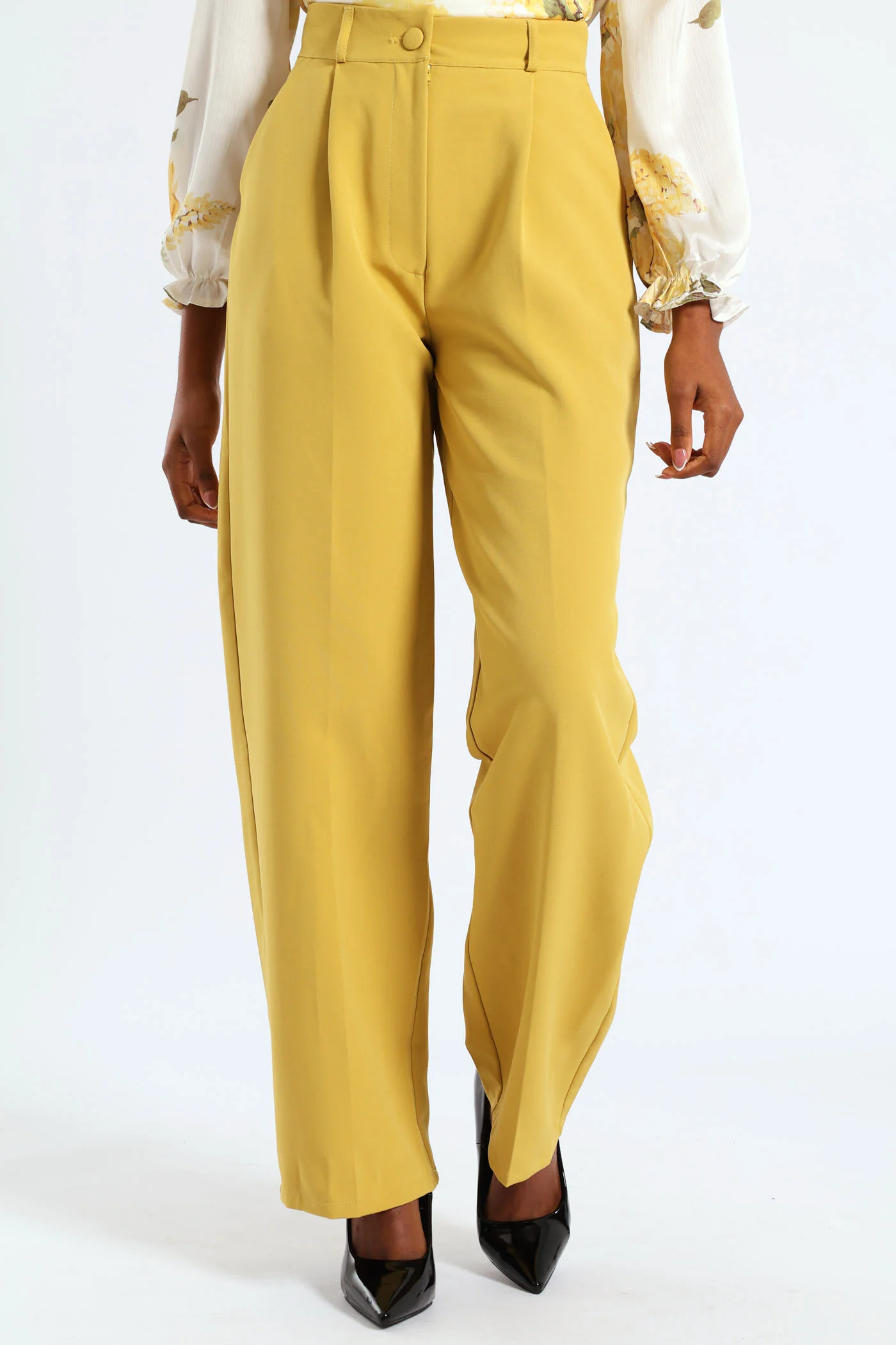 Covered Button Wide Leg Pants - Mustard - Image 8