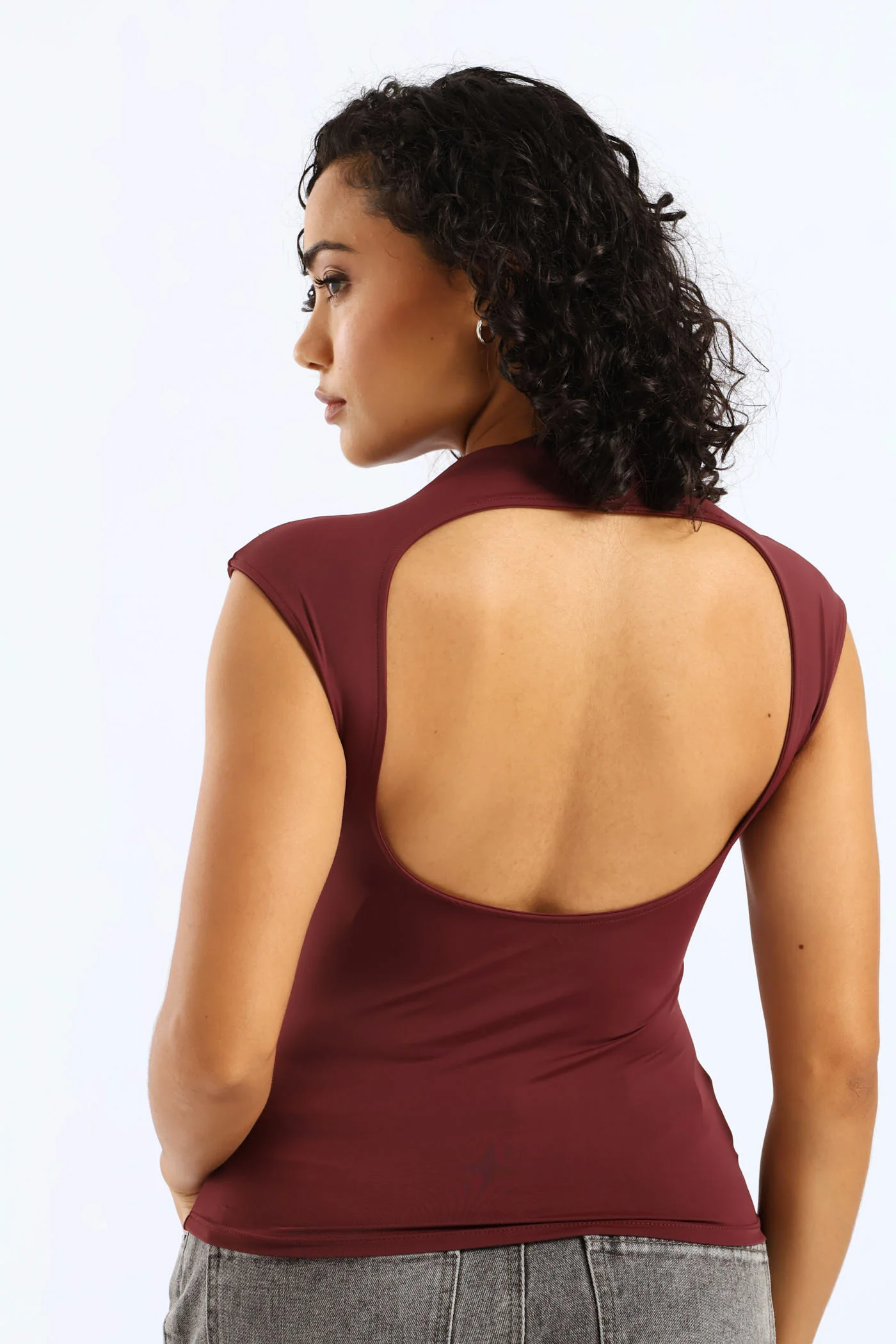 Cowl Boat Neck Open Back Top - Burgundy - Image 2