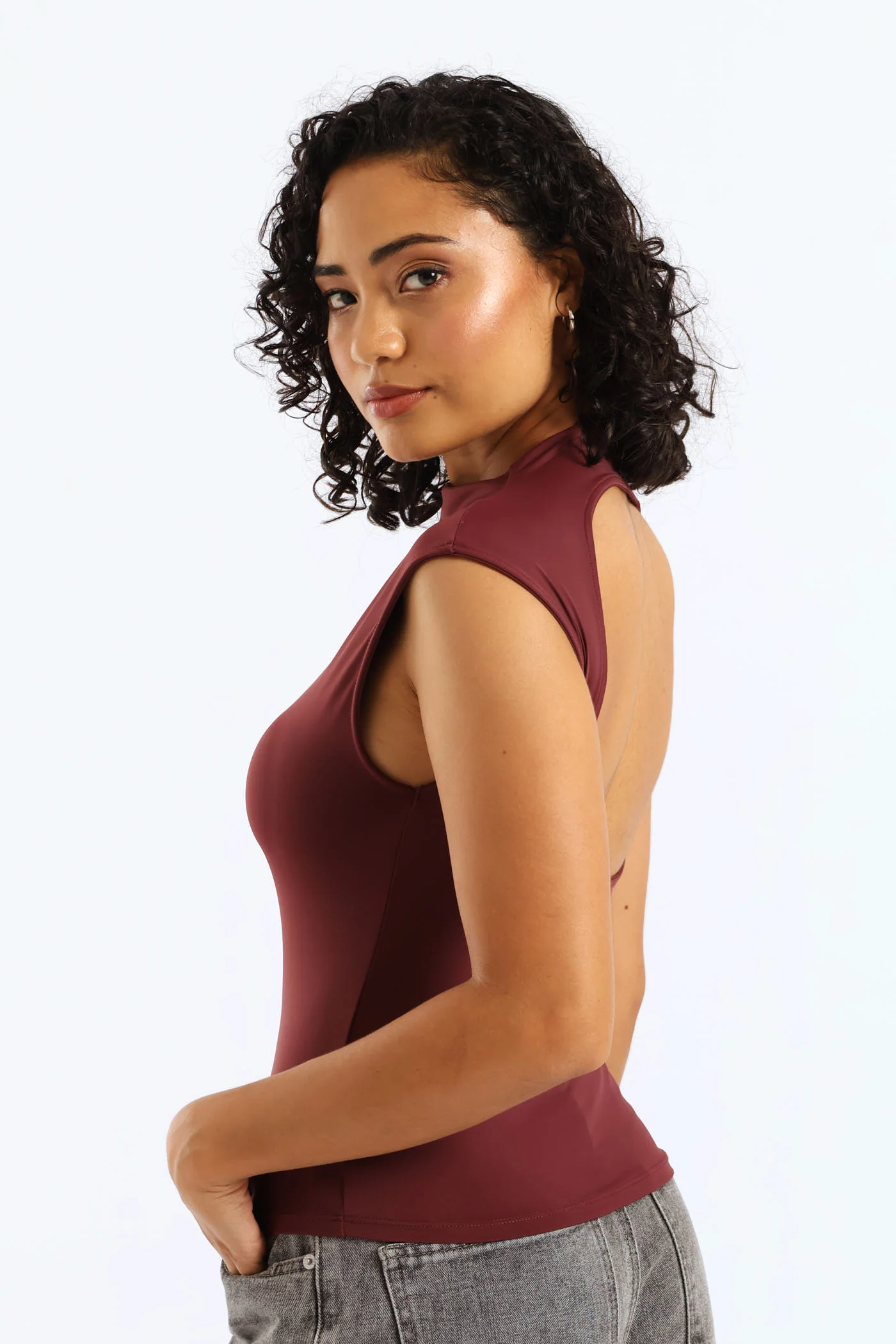 Cowl Boat Neck Open Back Top - Burgundy - Image 3