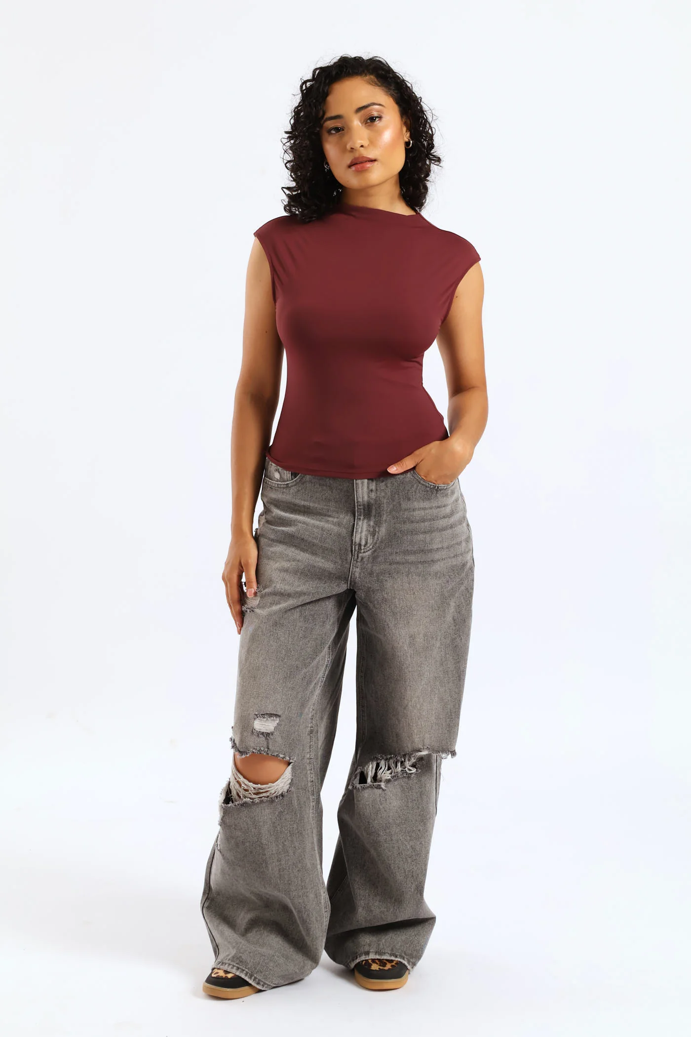Cowl Boat Neck Open Back Top - Burgundy - Image 5