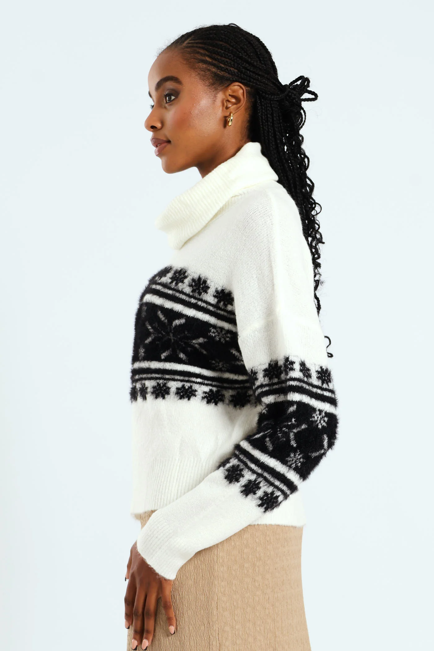 Cowl Neck Fairisle Pullover - Black/White - Image 3