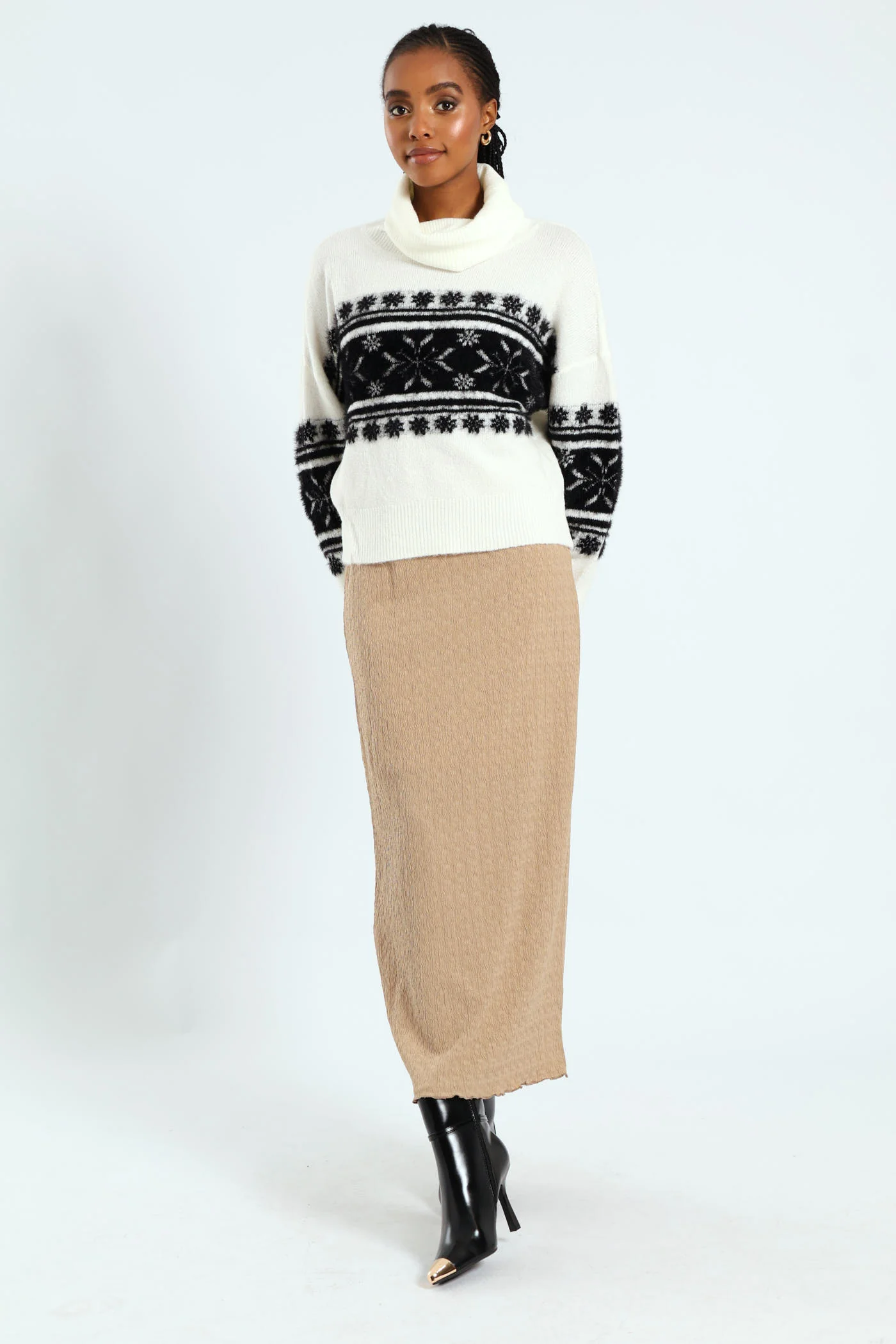 Cowl Neck Fairisle Pullover - Black/White - Image 5