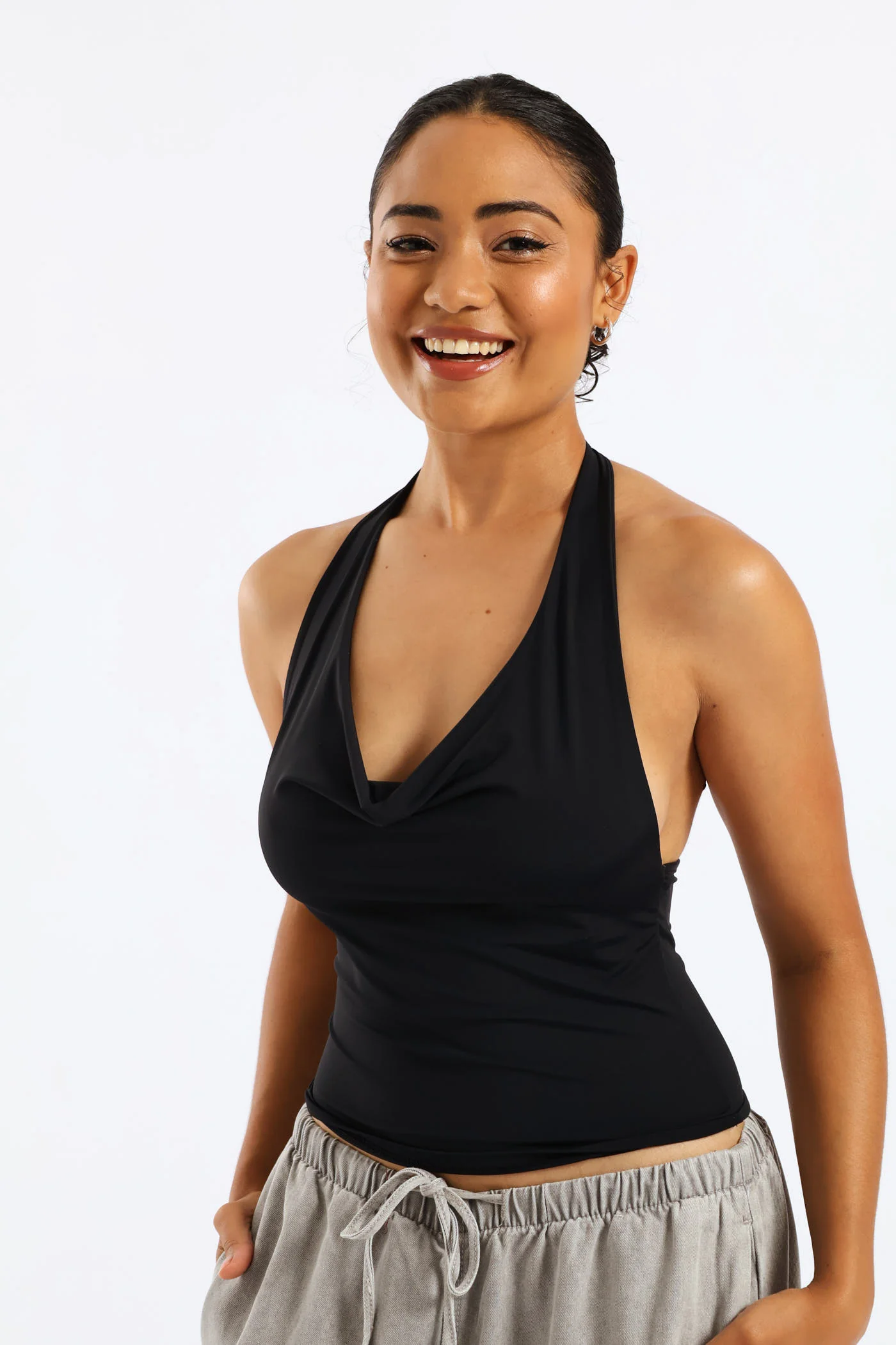Cowl Neck Halter Top - Black - Image 4