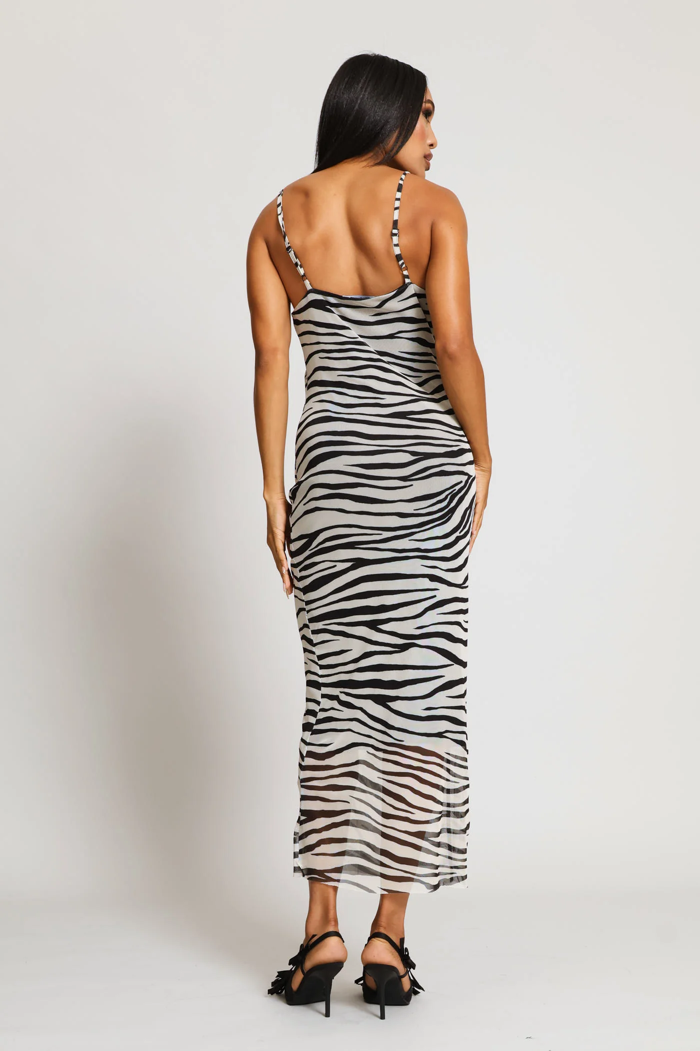 Cowl Neck Zebra Mesh Maxi Dress - Black/White - Image 4