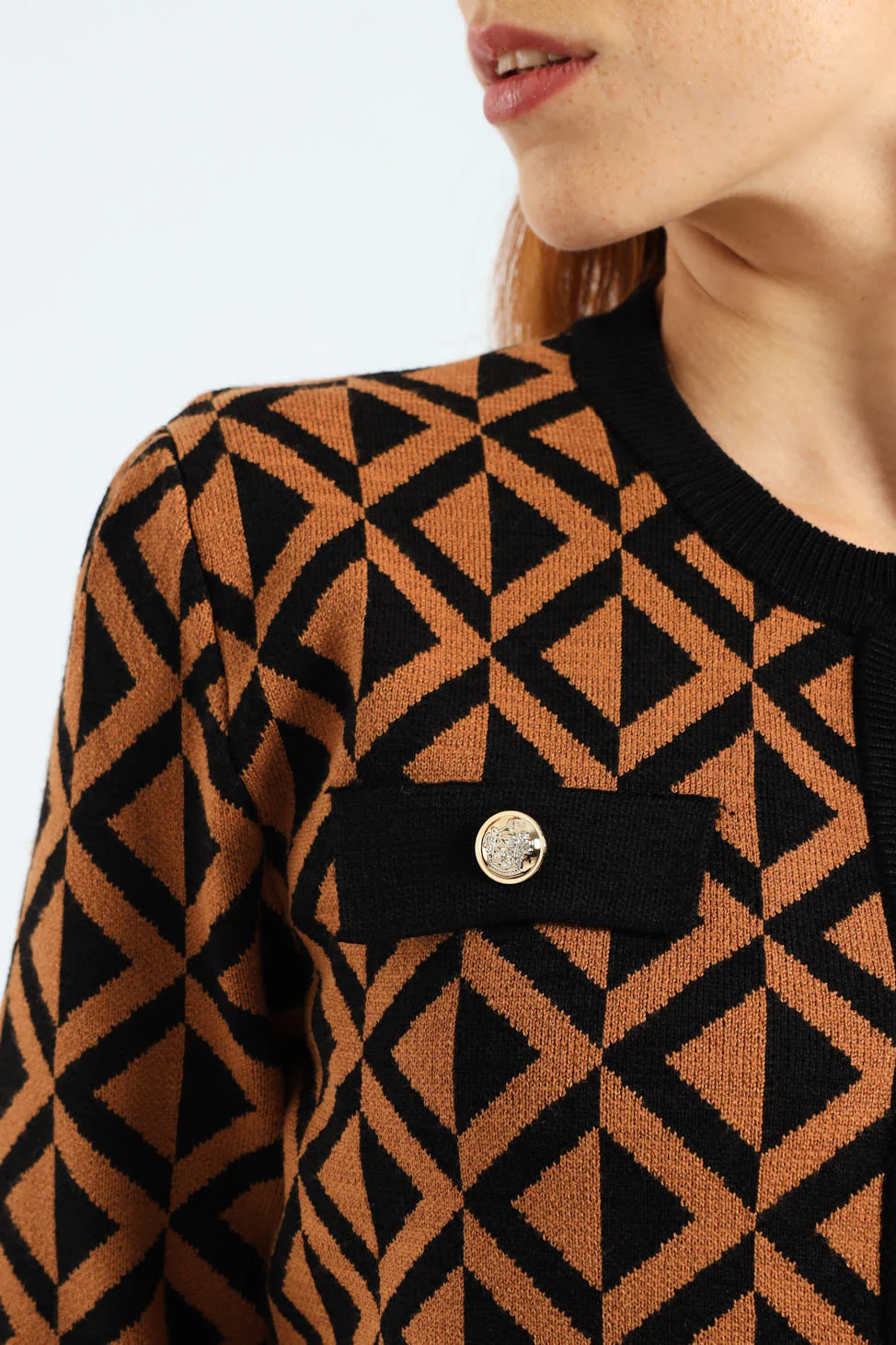 Crew Neck Chevron Cardigan - Brown - Image 2