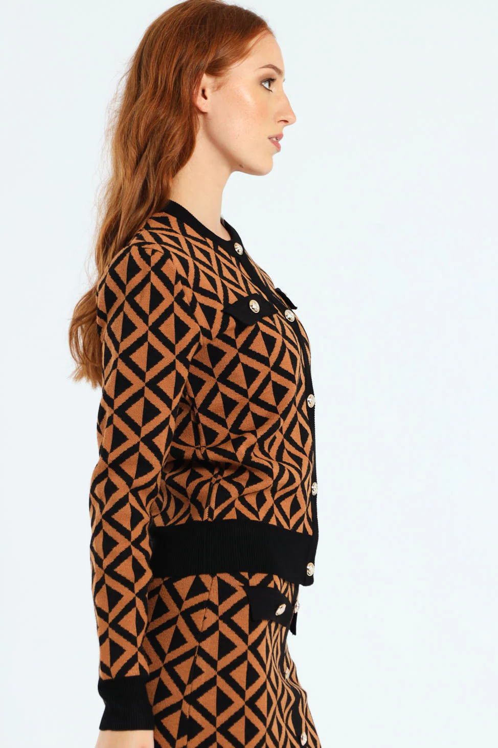 Crew Neck Chevron Cardigan - Brown - Image 4