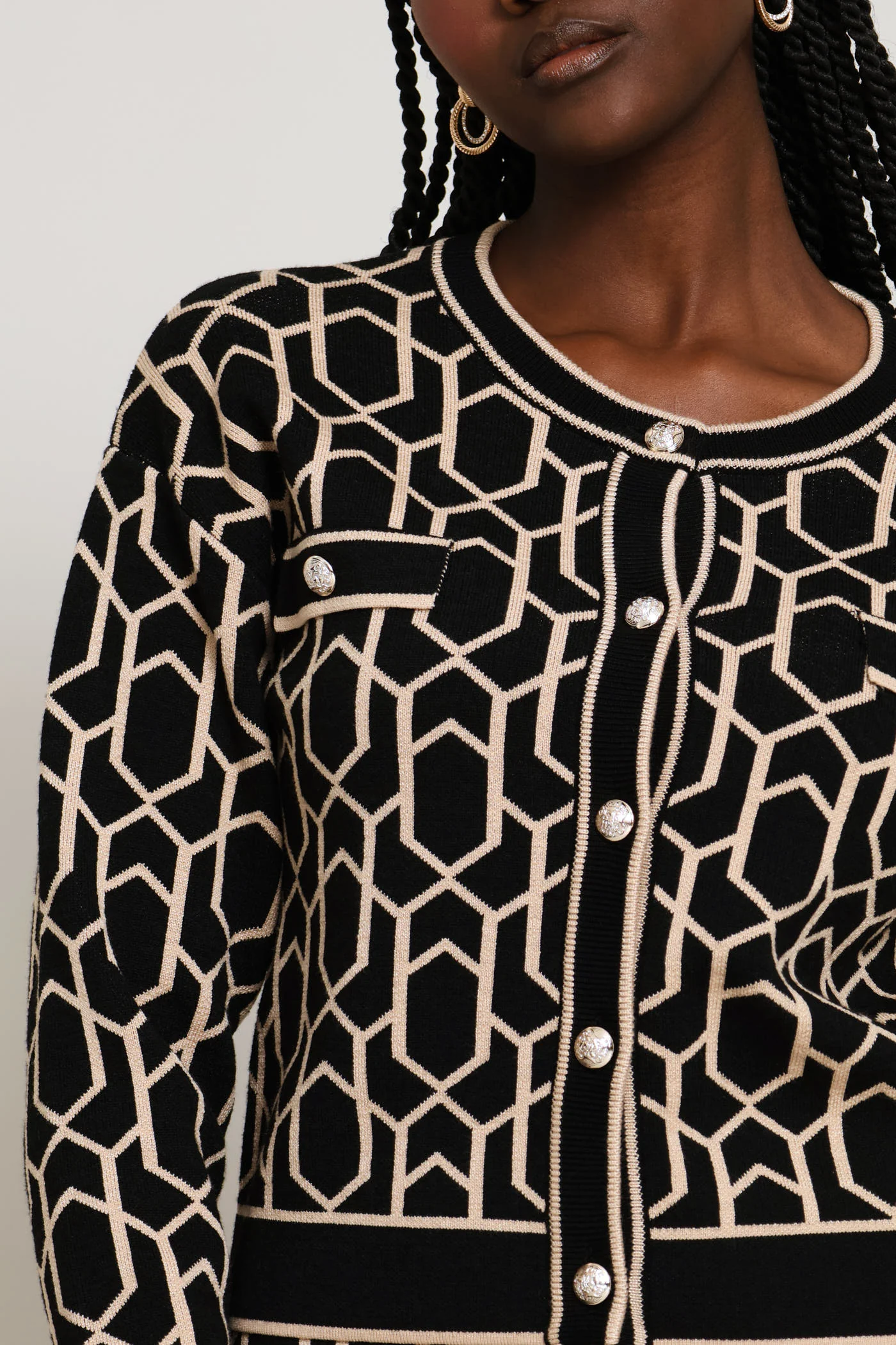 Crew Neck Geo Cardi - Black/Beige - Image 3