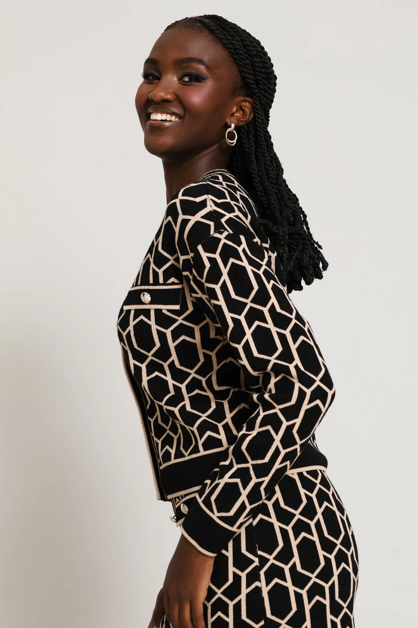 Crew Neck Geo Cardi - Black/Beige - Image 5