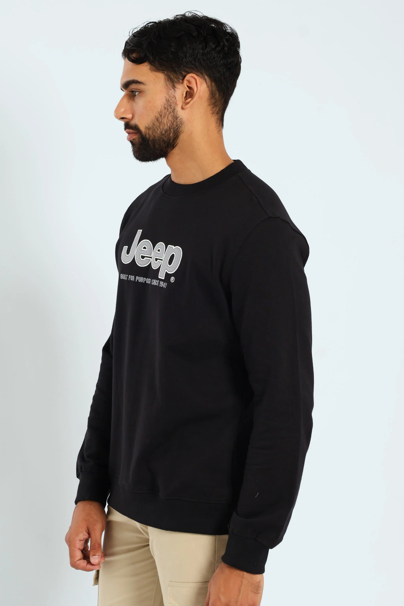 Crew Neck Letter Fleece Sweat Top - Black - Image 3