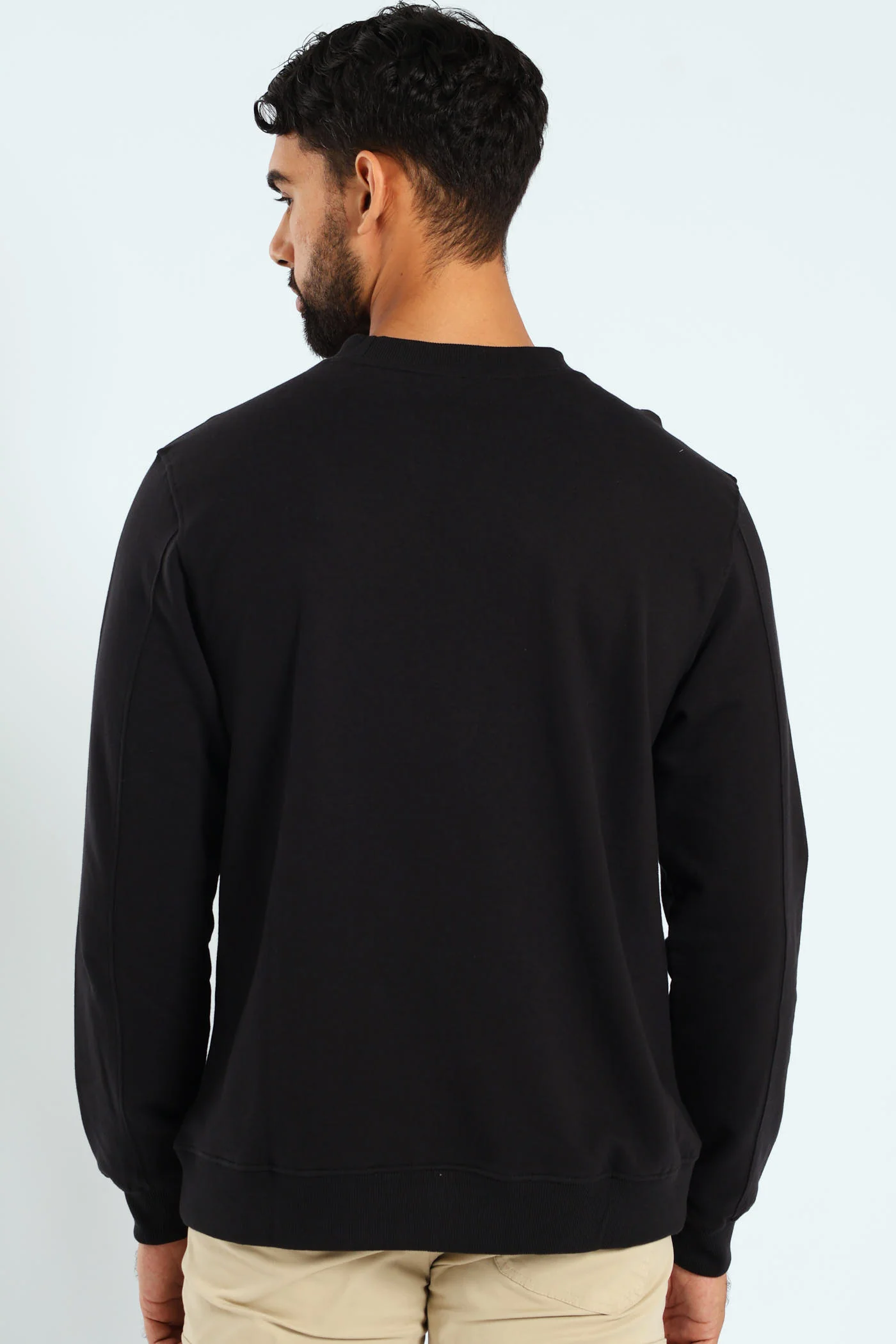 Crew Neck Letter Fleece Sweat Top - Black - Image 4