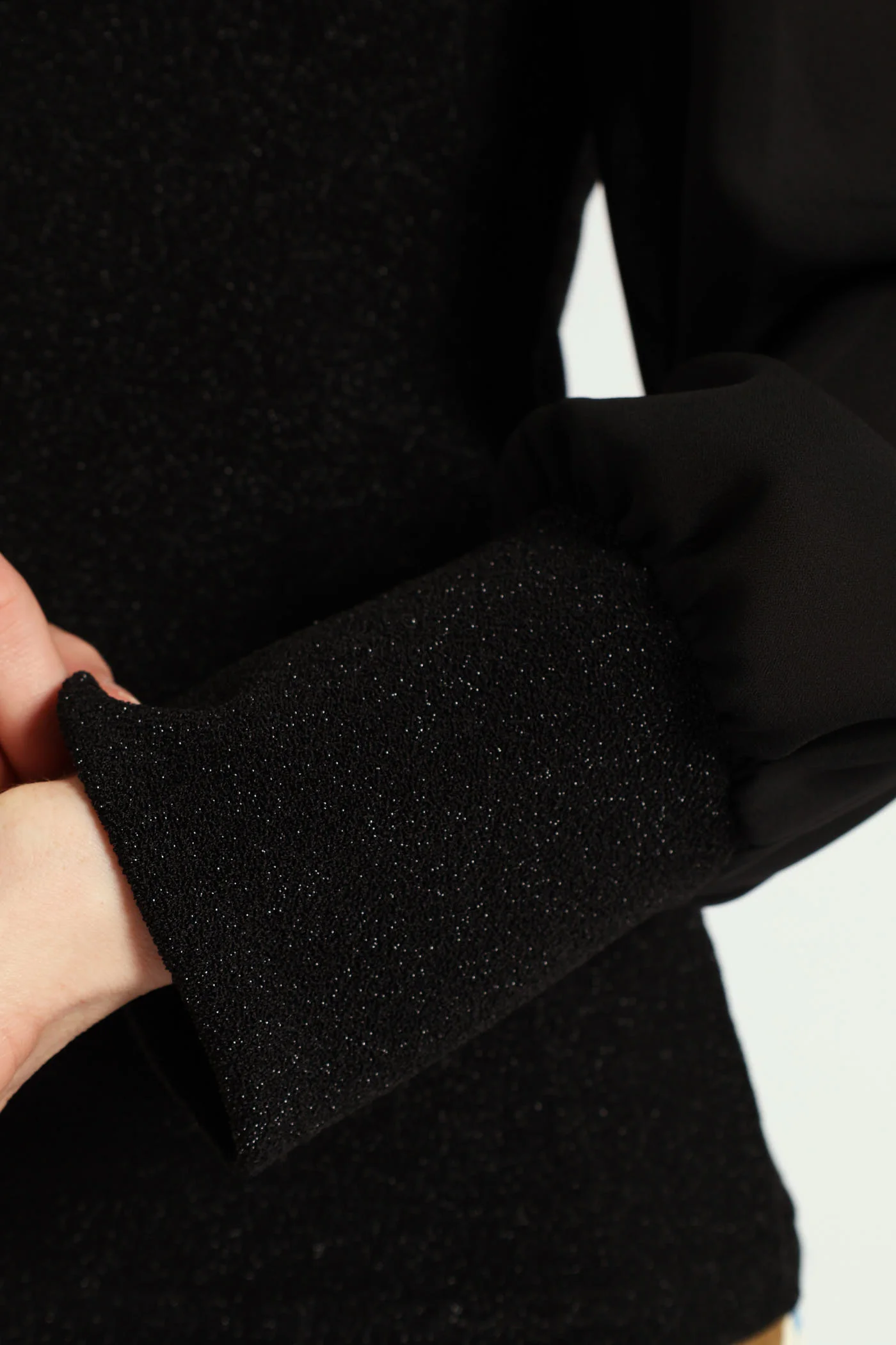 Crew Neck Shimmer Combo Blouse - Black - Image 2