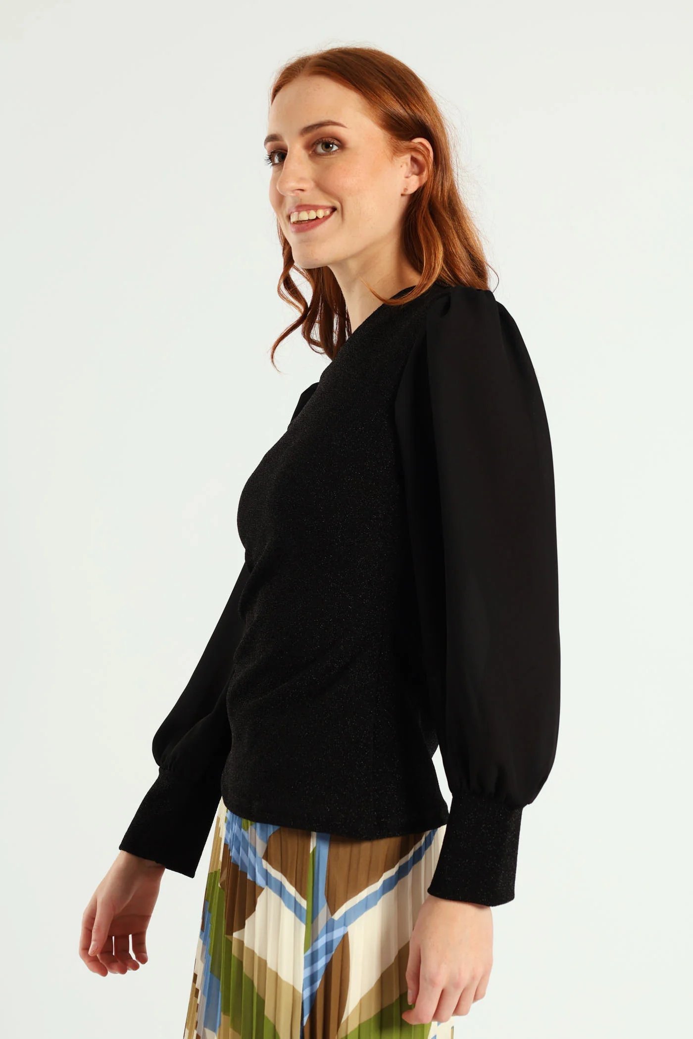 Crew Neck Shimmer Combo Blouse - Black - Image 3
