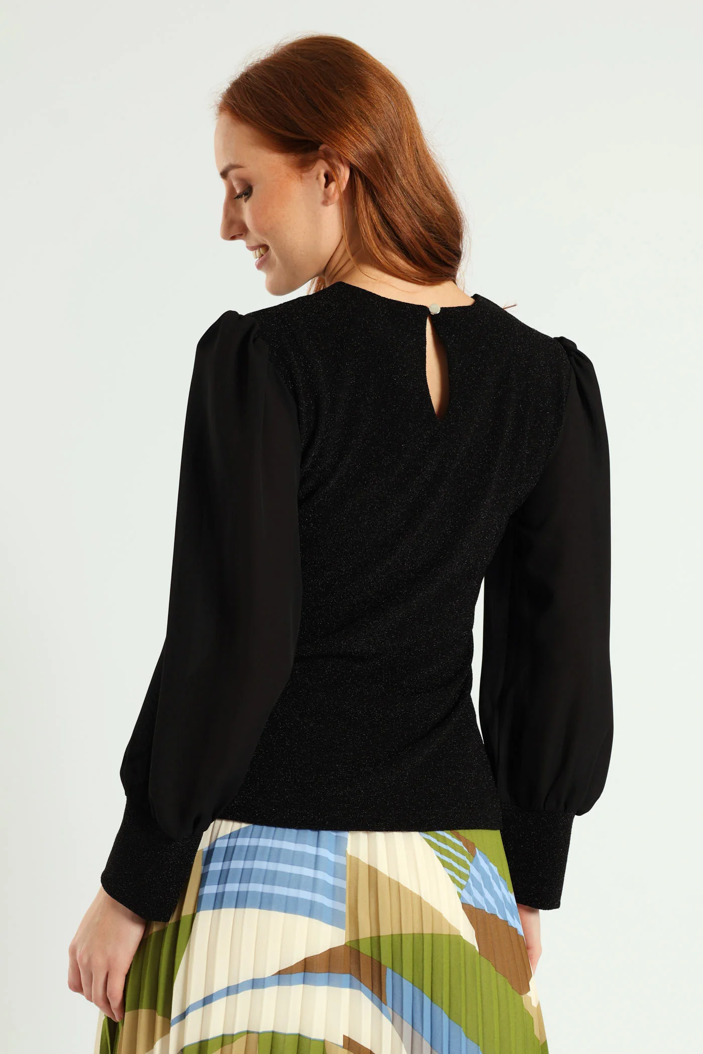Crew Neck Shimmer Combo Blouse - Black - Image 4