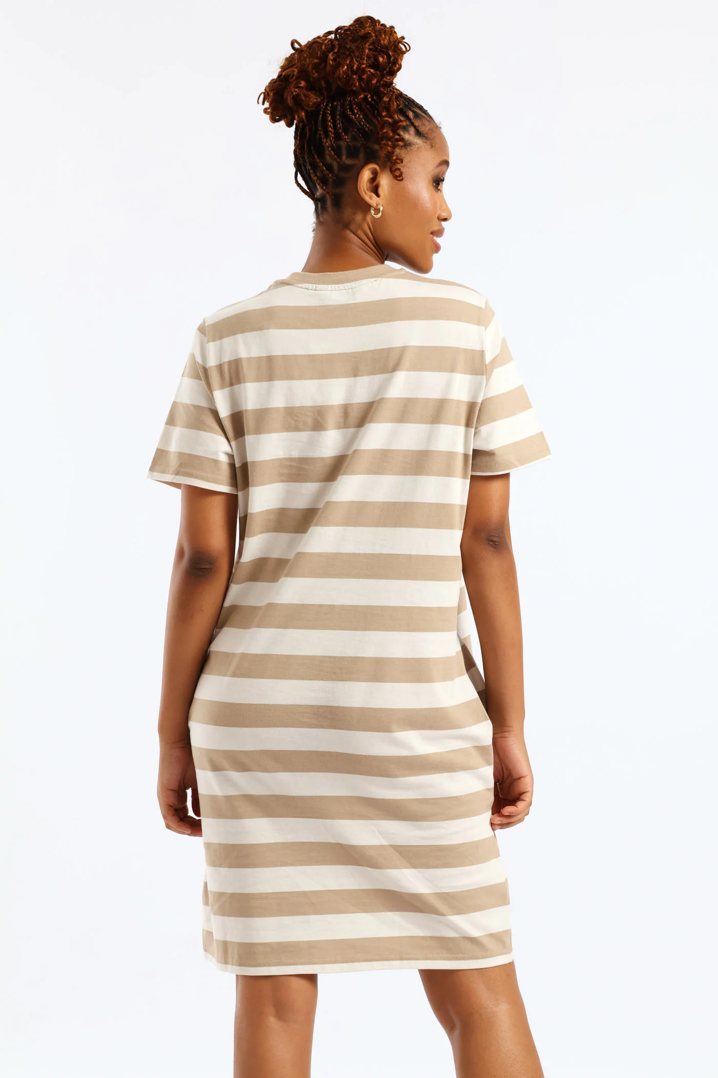 Crew Neck Stripe T-Shirt Dress - Beige/Mocha - Image 2