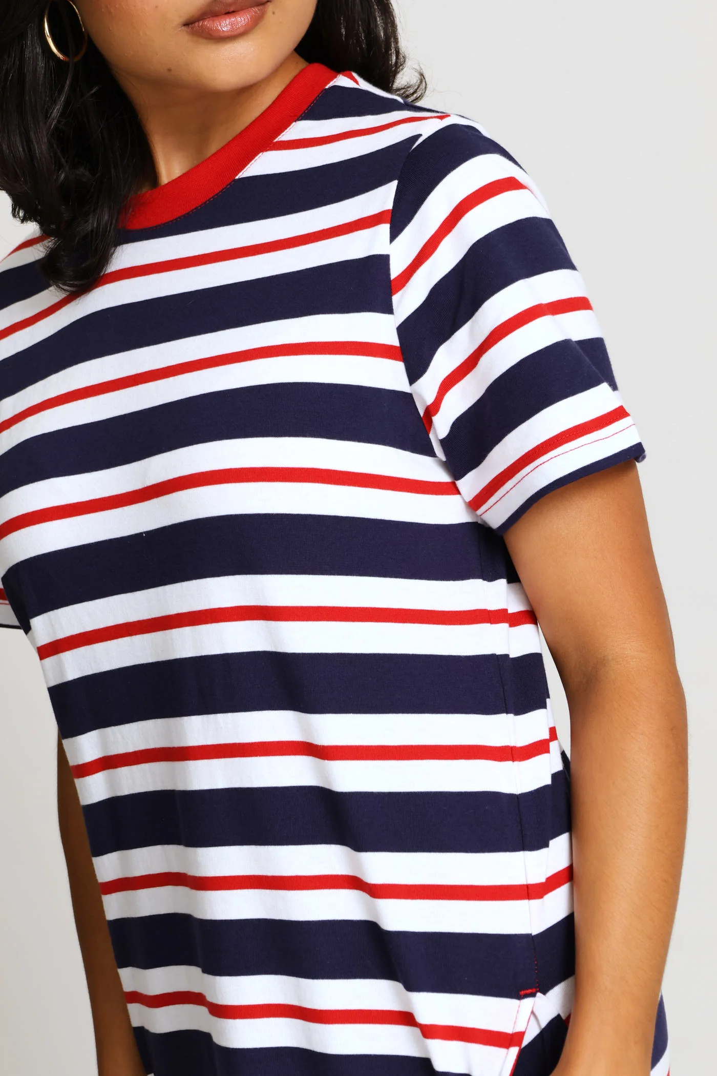 Crew Neck Stripe T-Shirt Dress - Navy/Red - Image 2