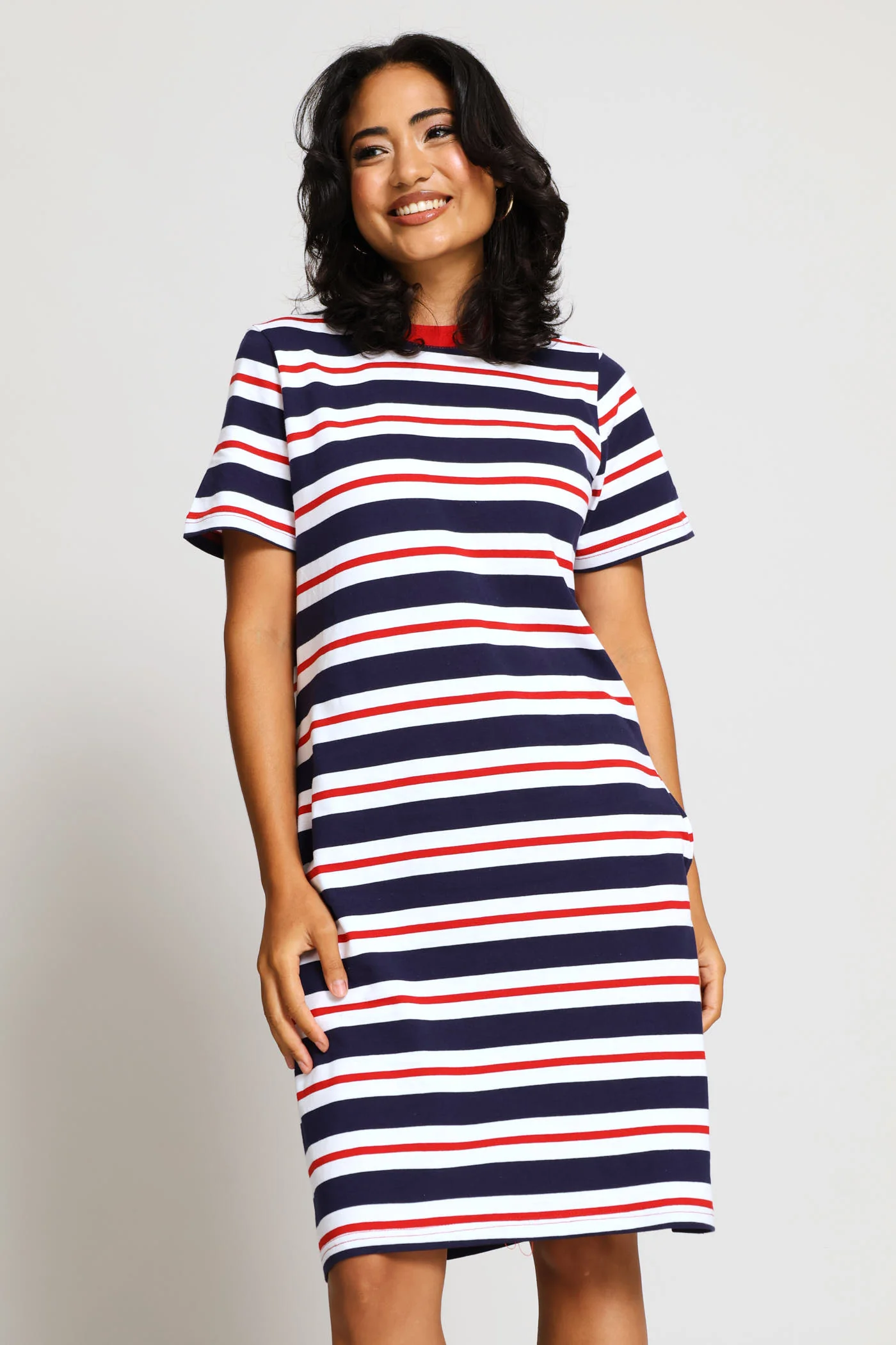 Crew Neck Stripe T-Shirt Dress - Navy/Red - Image 3