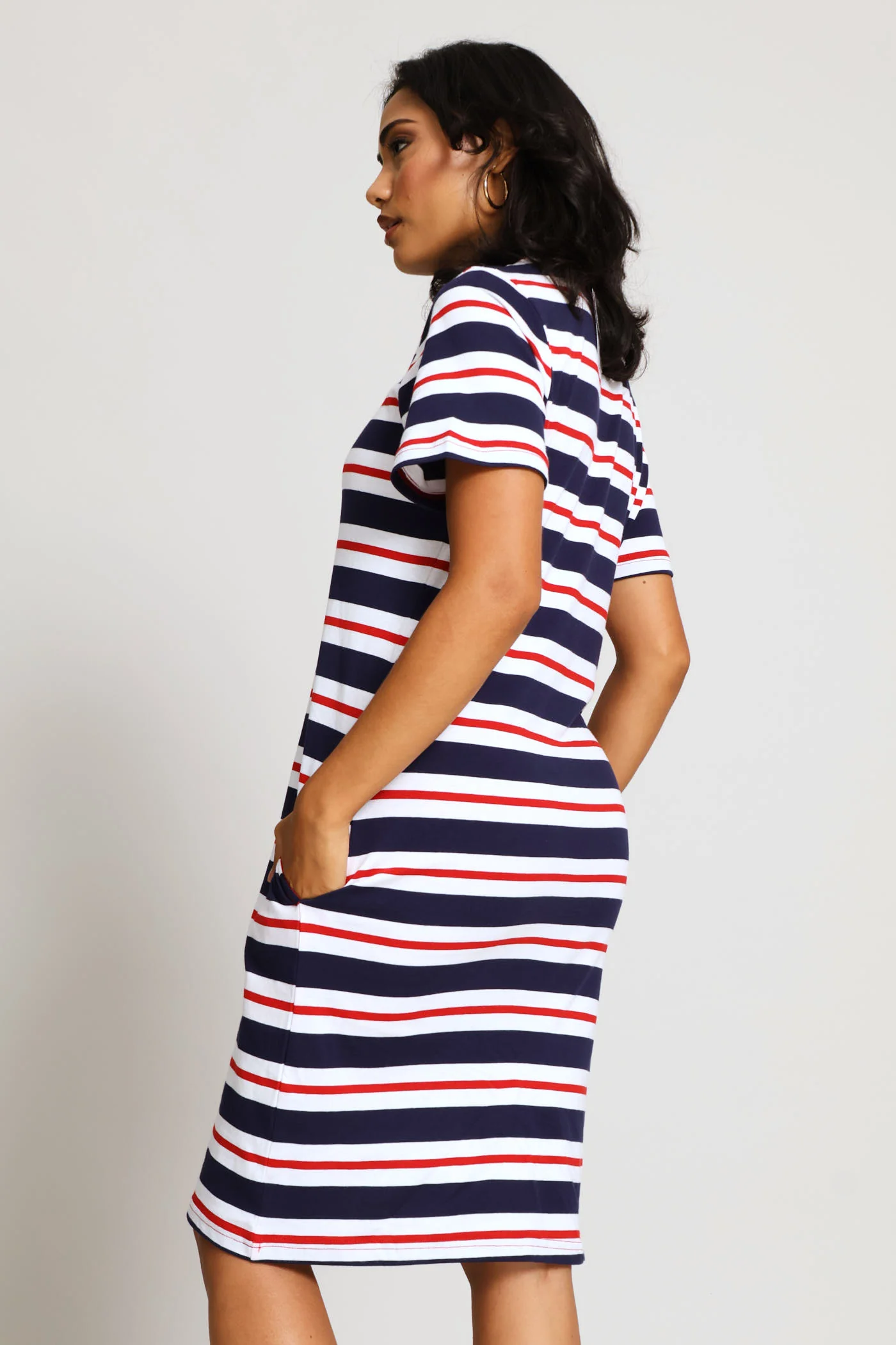 Crew Neck Stripe T-Shirt Dress - Navy/Red - Image 4