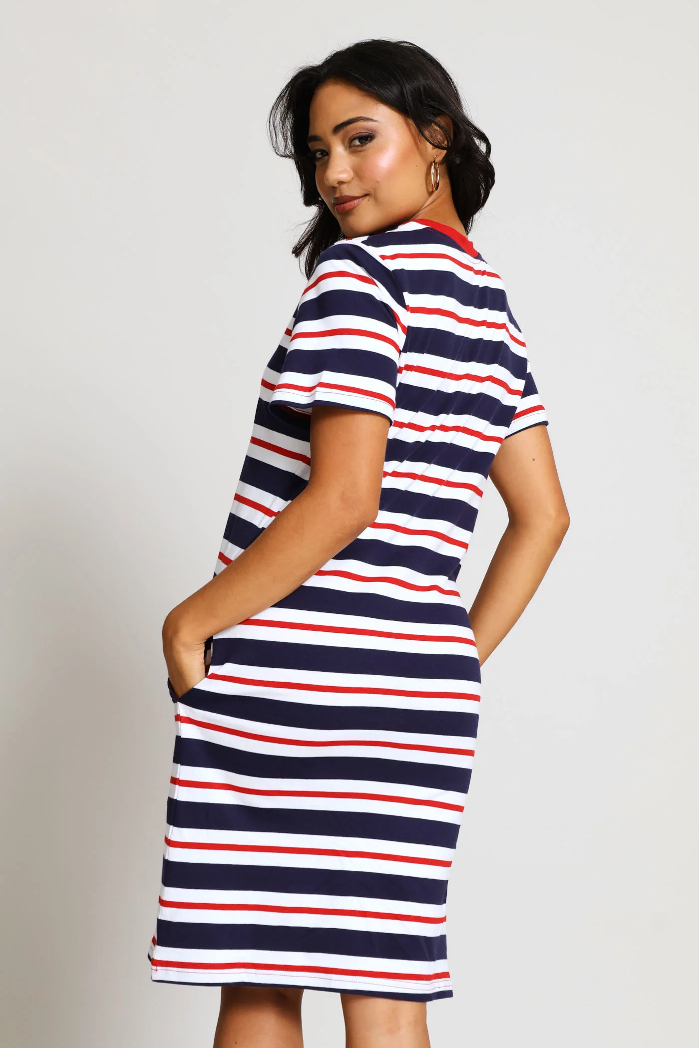 Crew Neck Stripe T-Shirt Dress - Navy/Red - Image 5