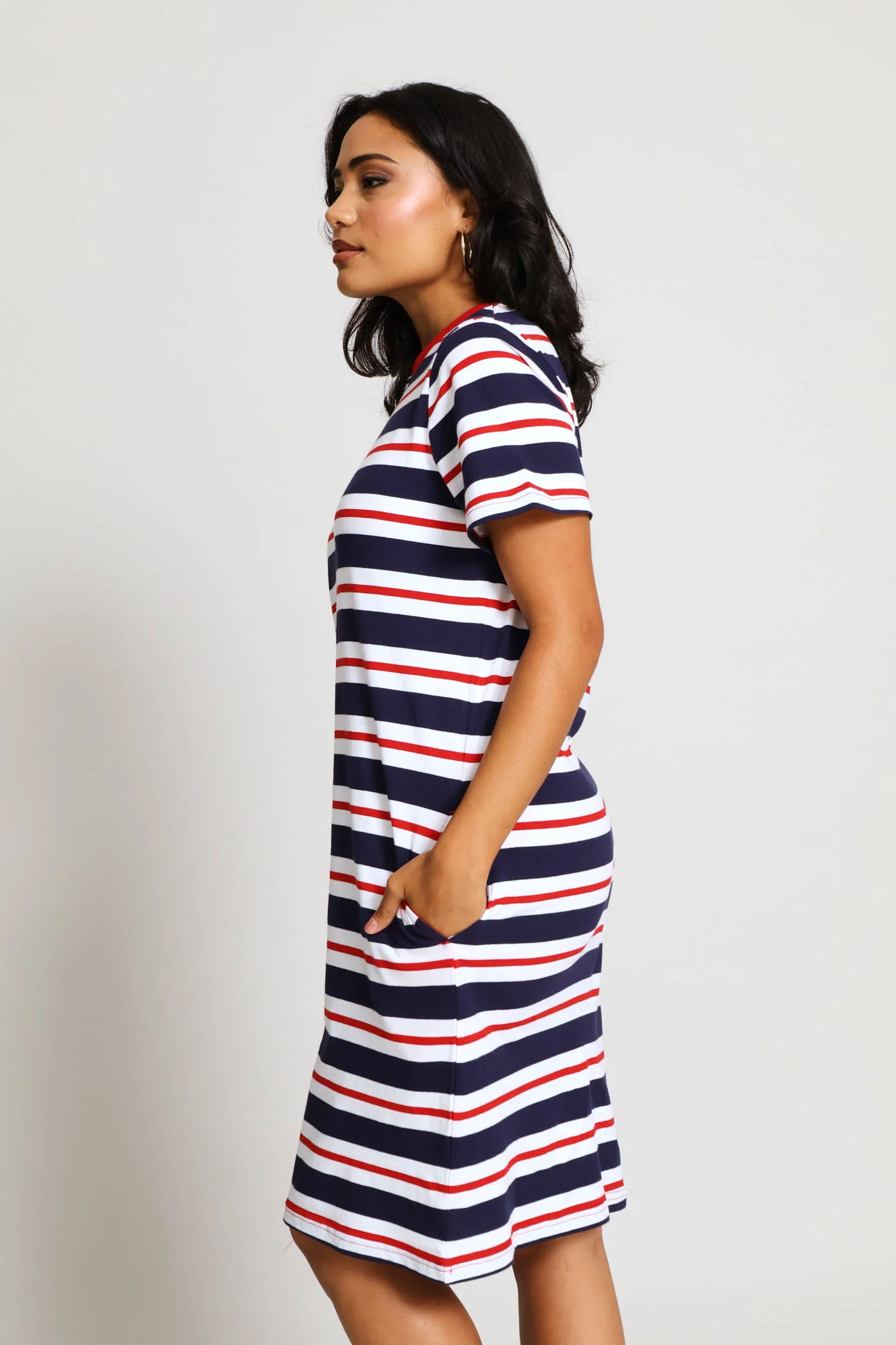 Crew Neck Stripe T-Shirt Dress - Navy/Red - Image 6