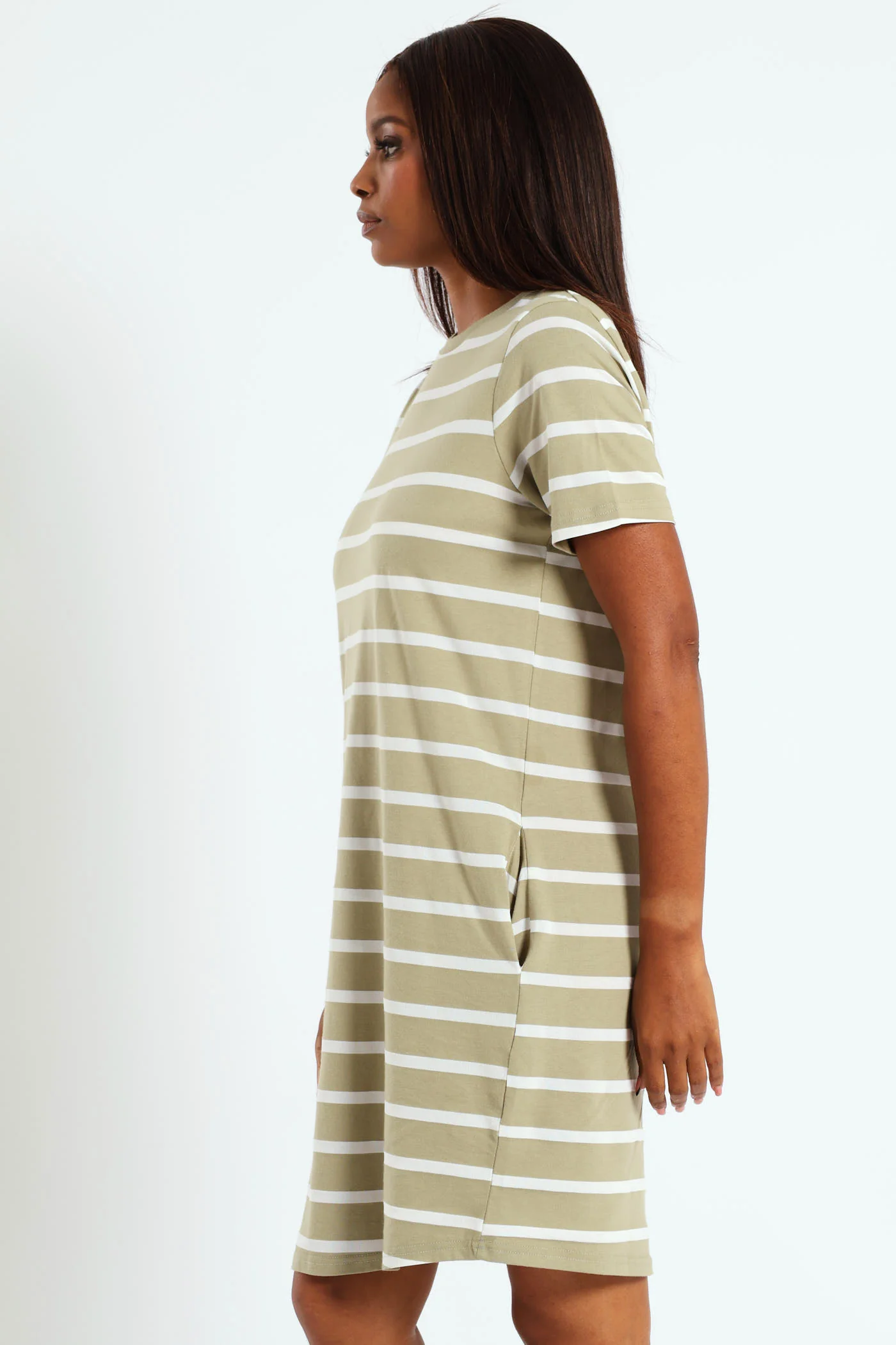 Crew Neck Stripe T-Shirt Dress With Pockets - Fatigue/Cream - Image 2