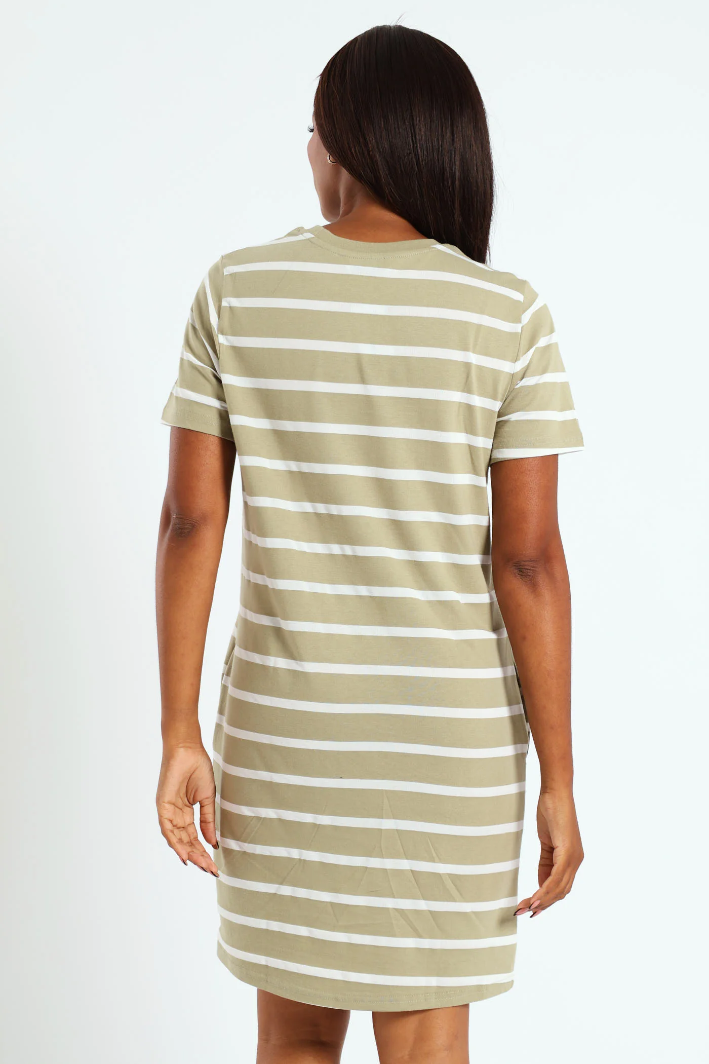 Crew Neck Stripe T-Shirt Dress With Pockets - Fatigue/Cream - Image 3